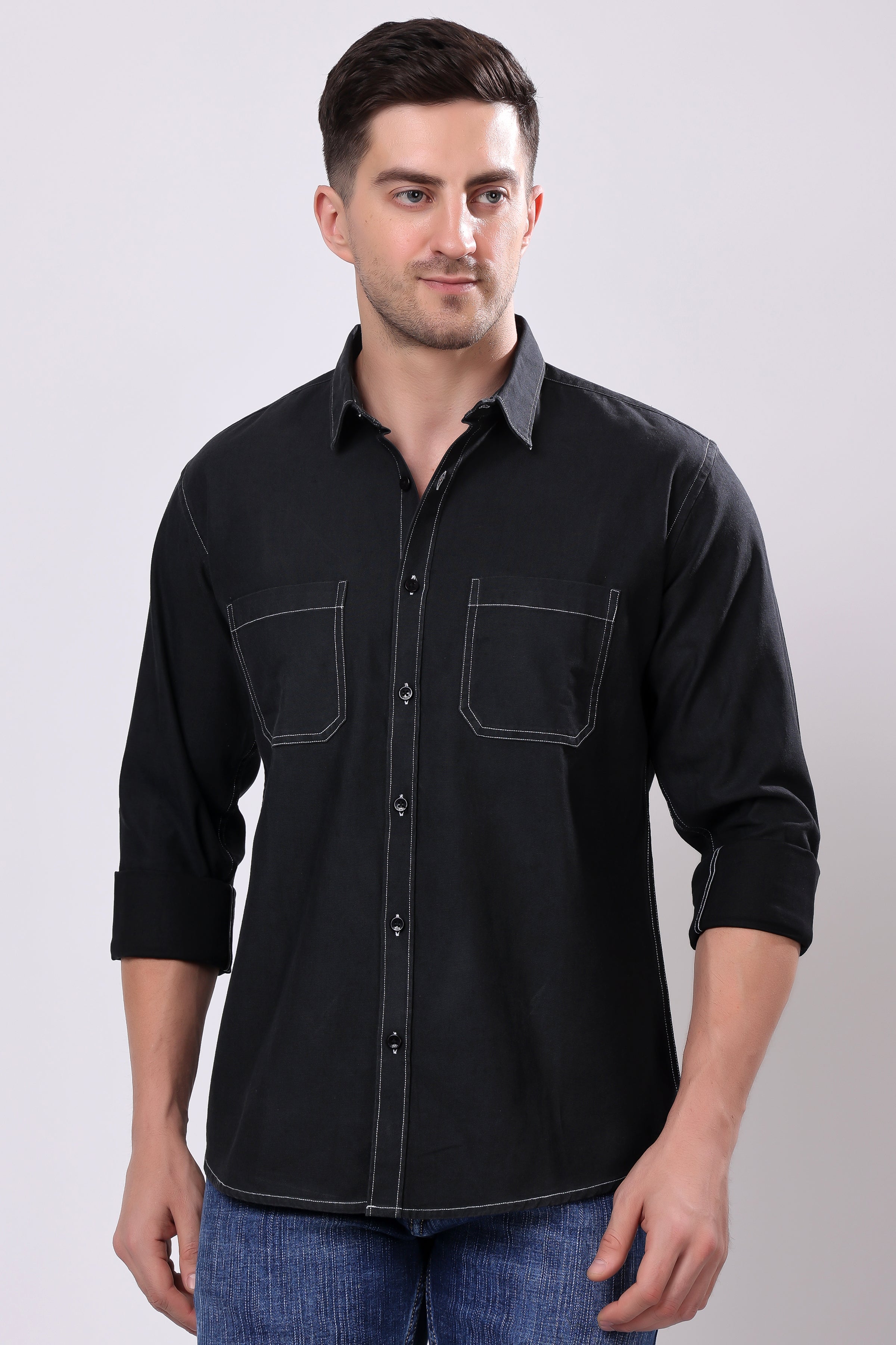 Stylox Men's Solid Denim Full Sleeve Casual Shirt with Double Chest Pockets – Premium Cotton Denim Shirt for Rugged Everyday Style - Stylox