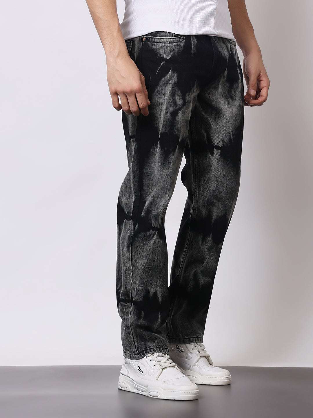 Stylox Men’s Relaxed Fit Black Tie-Dye Washed Jeans | Trendy Acid Wash Straight Fit Denim for Streetwear Style - Stylox