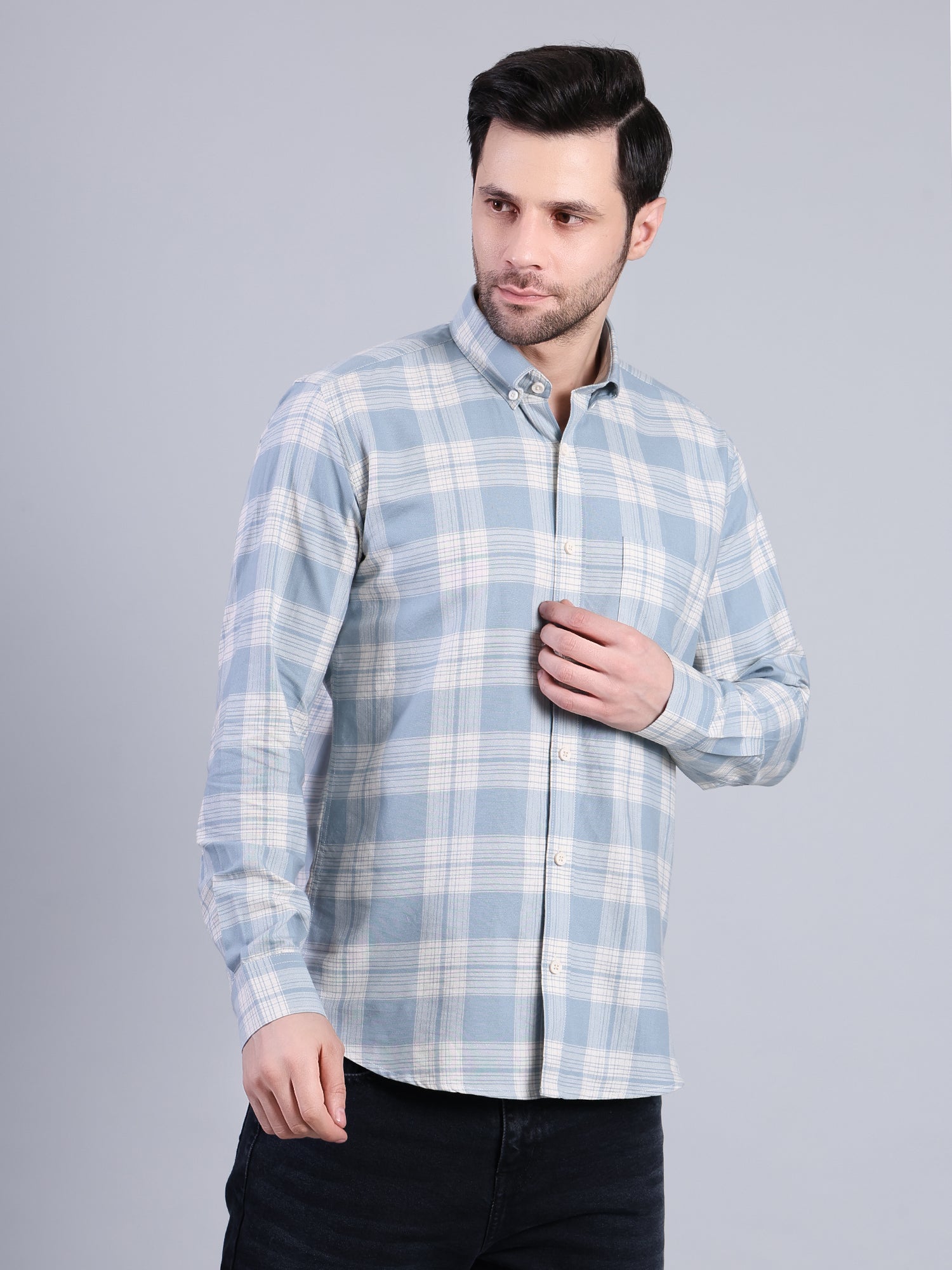 Stylox Men’s Checkered Full Sleeve Casual Shirt-Light Blue - Stylox