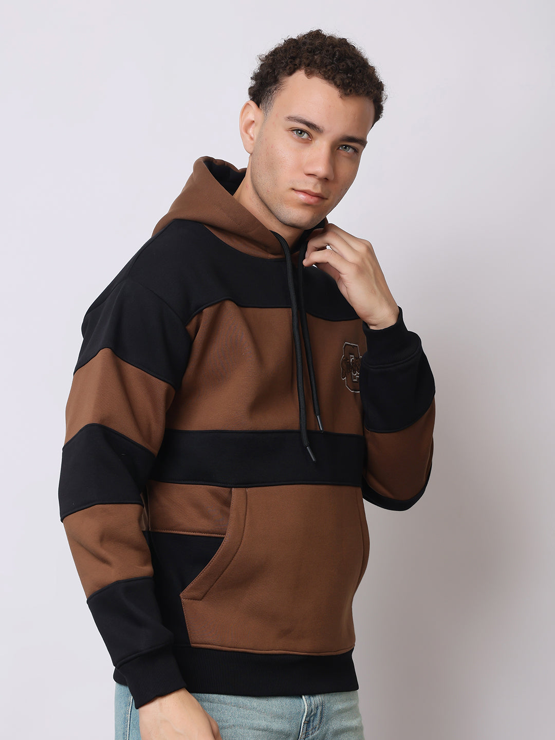 Stylox Men’s Premium Colorblock Hoodie – Brown &amp; Black Stylish Winter Wear | Warm Fleece Hoodie with Kangaroo Pocket