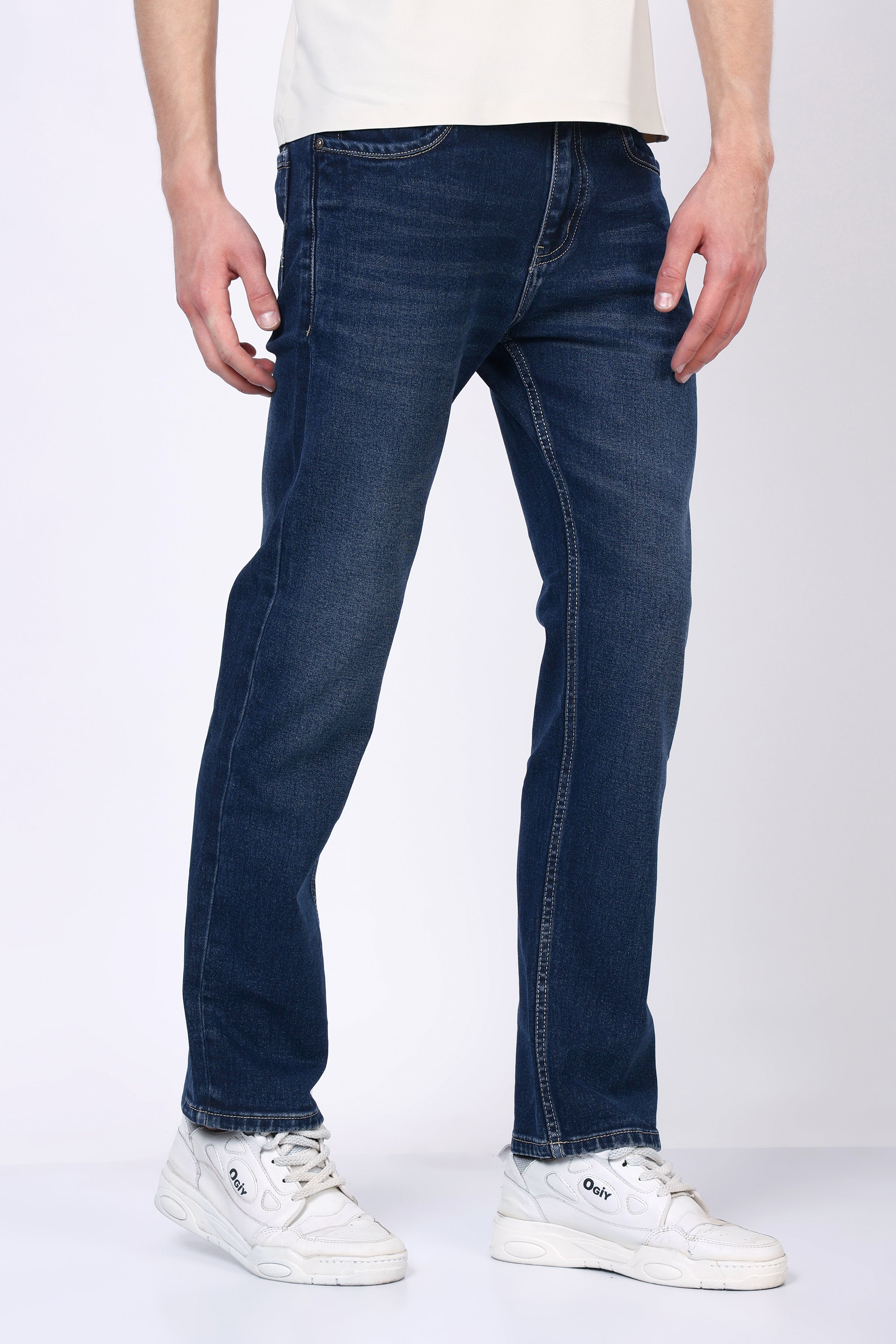 Stylox Men’s Mid-Rise Comfort Fit Stretchable Mid Dark Blue Denim Jeans - Stylox