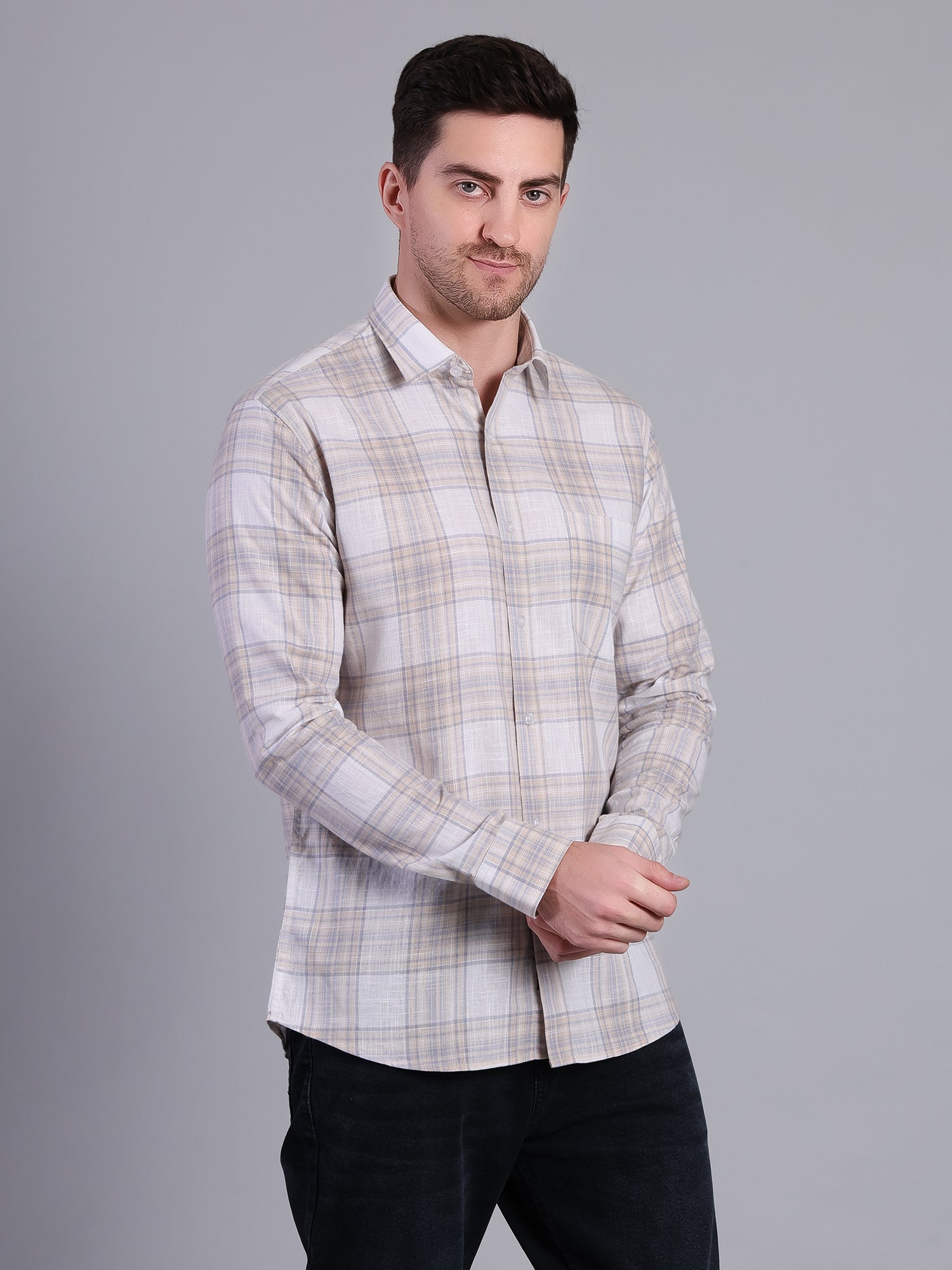 Stylox Men’s Regular Fit Checked Full Sleeve Casual Shirt-Cream - Stylox