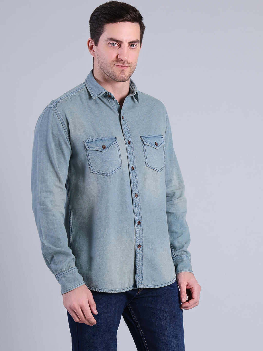 Stylox Men’s Light Wash Denim Shirt with Dual Chest Pockets - Stylox