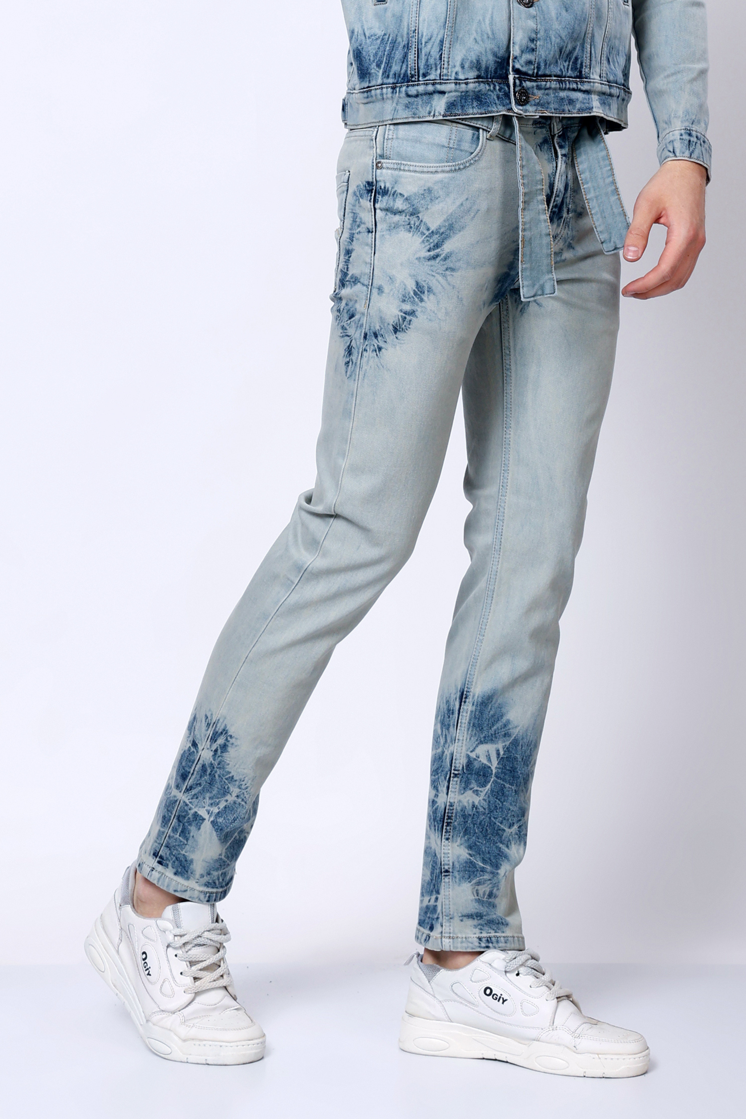 Stylox Men’s Mid-Rise Comfort Fit Stretchable Vintage Blue Tie-Dye Denim Jeans - Stylox