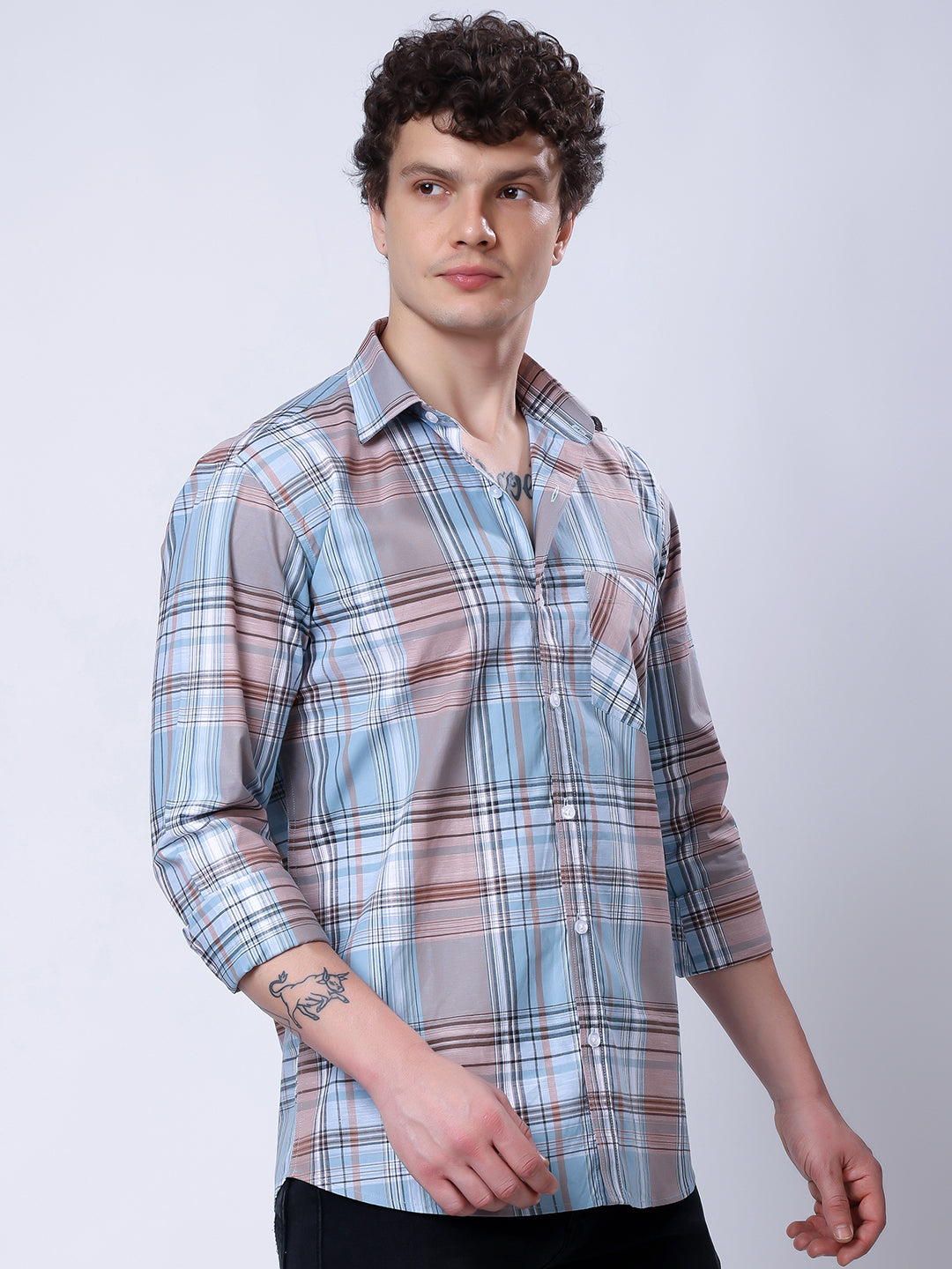 Stylox Men’s Regular Fit Full Sleeve Casual Check Shirt–Light Brown &amp; Light Blue - Stylox