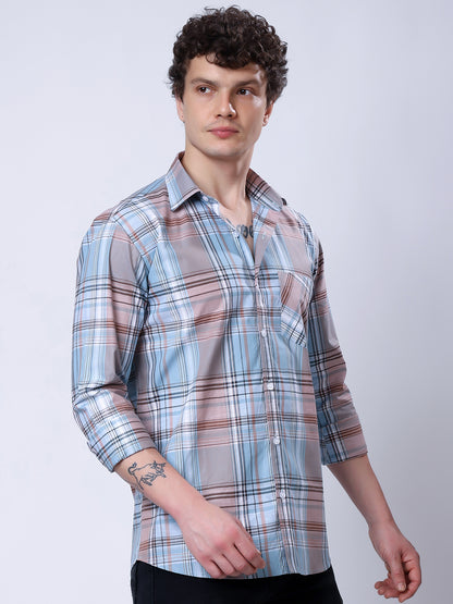 Stylox Men’s Regular Fit Full Sleeve Casual Check Shirt–Light Brown &amp; Light Blue - Stylox
