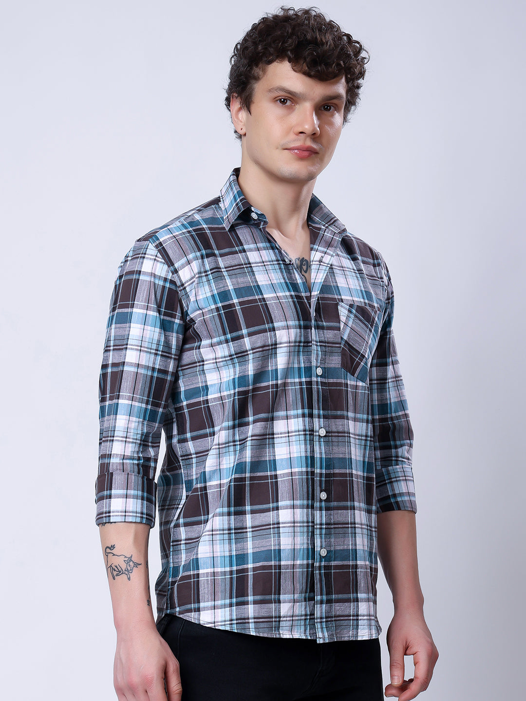 Stylox Men’s Regular Fit Full Sleeve Casual Check Shirt–Brown & Teal - Stylox