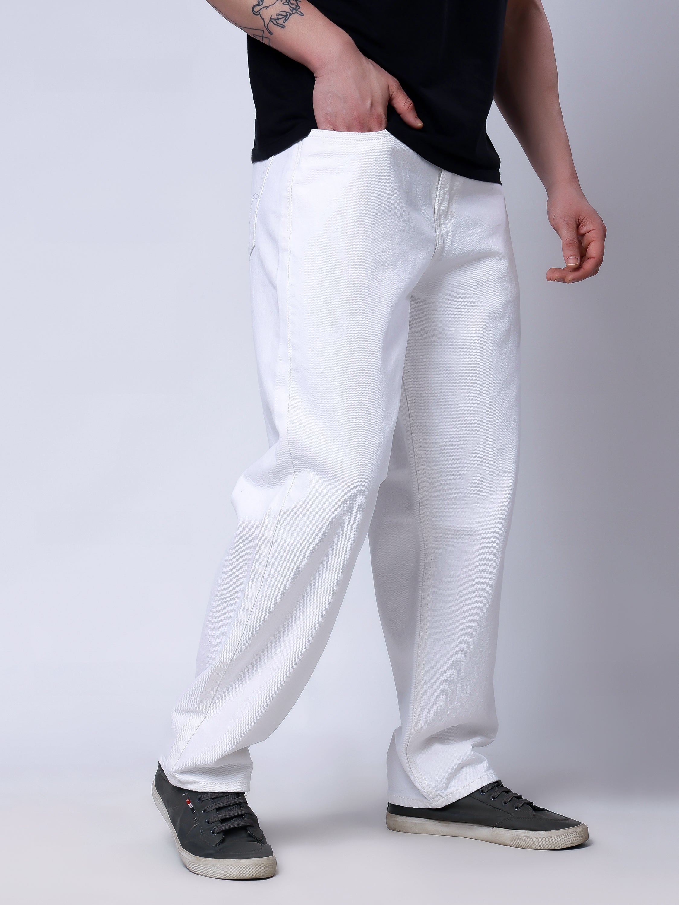 Stylox Men’s Loose Fit Stretchable White Denim Jeans - Stylox