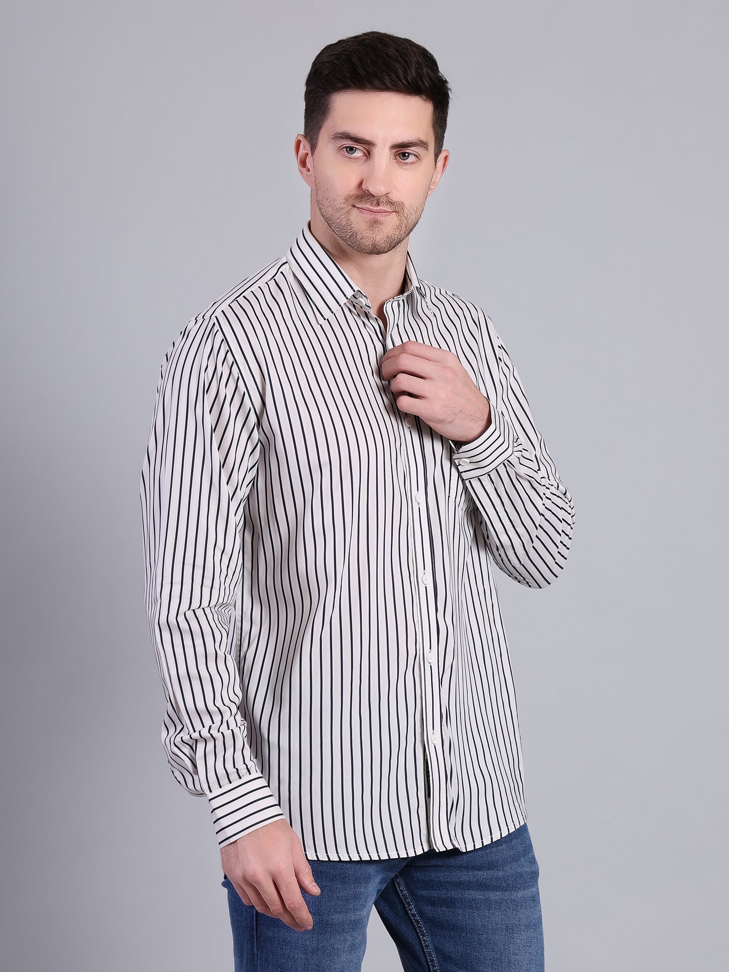 Stylox Men’s Regular Fit Vertical Striped Full Sleeve Casual Shirt-White - Stylox