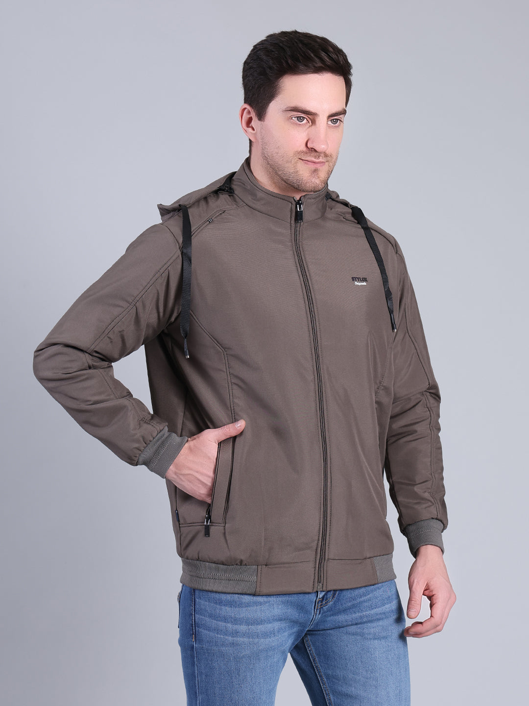 Stylox Men’s Solid Hooded Winter Jacket | Full Sleeve Zip-Up Casual Jacket with Pockets
