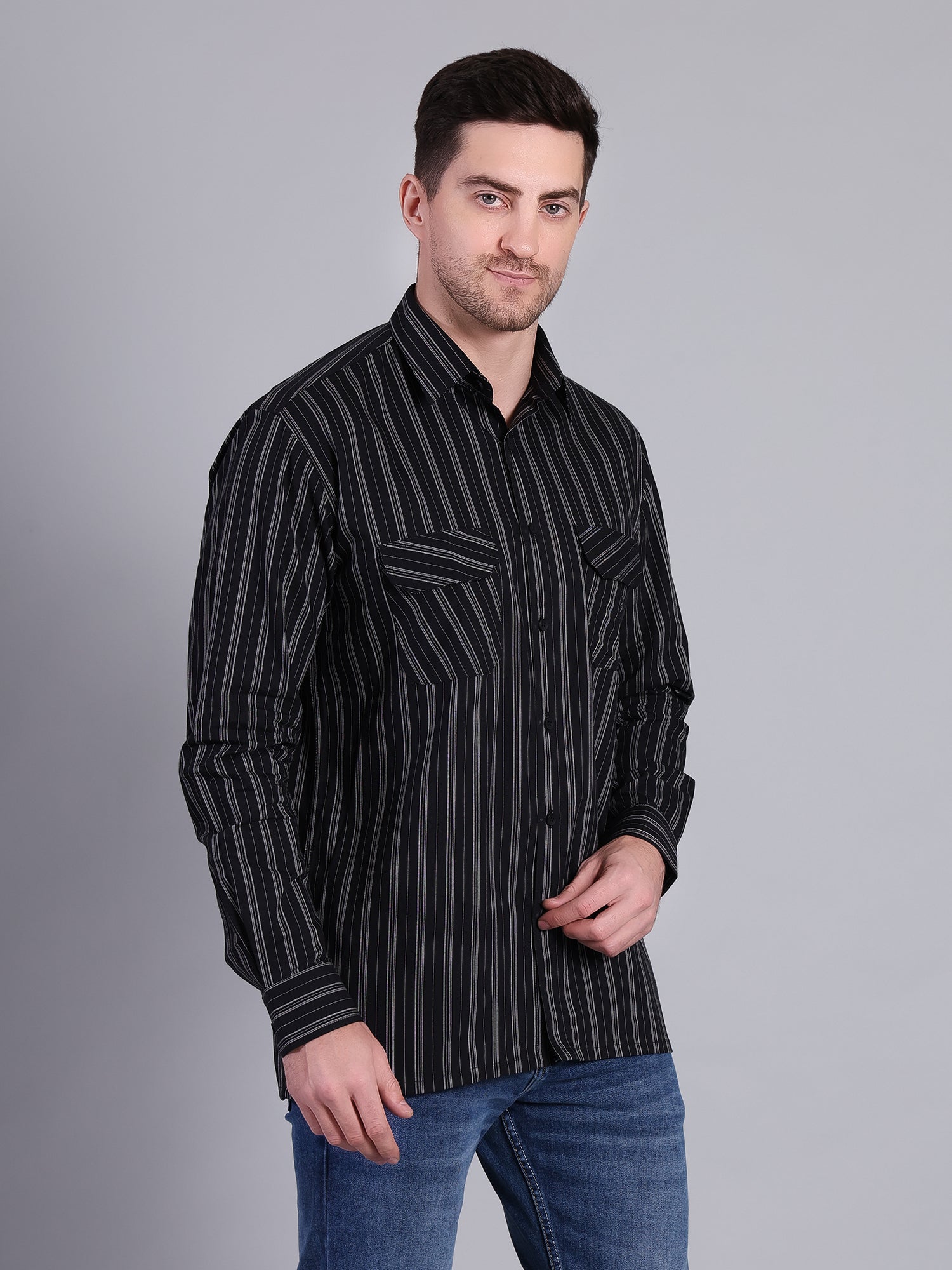 Stylox Men’s Regular Fit Black Vertical Striped Full Sleeve Casual Shirt - Stylox
