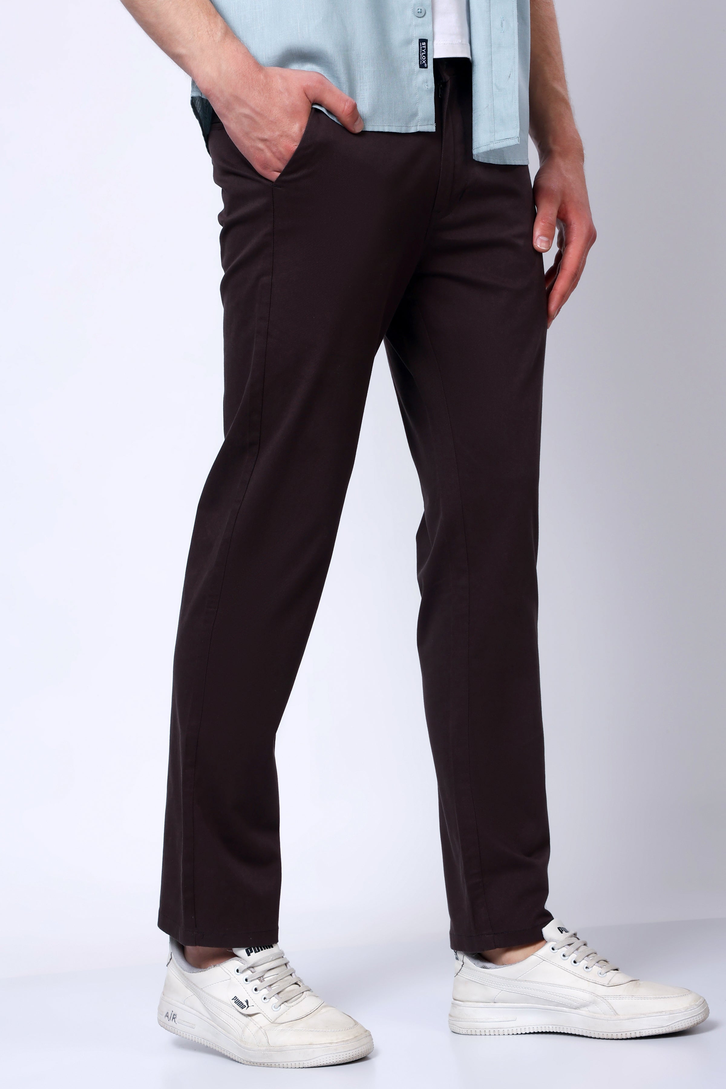 Stylox Men’s Straight Fit Casual Trousers with Comfort-Chocolate Brown - Stylox