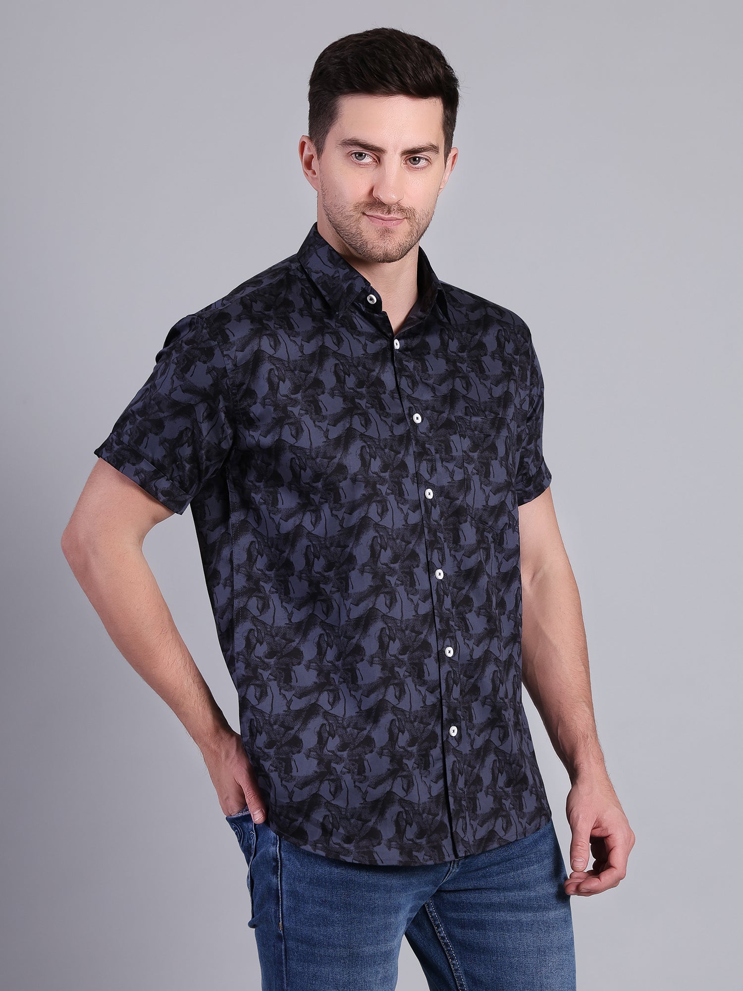 Stylox Men’s Regular Fit Abstract Printed Half Sleeve Casual Shirt-Blue - Stylox