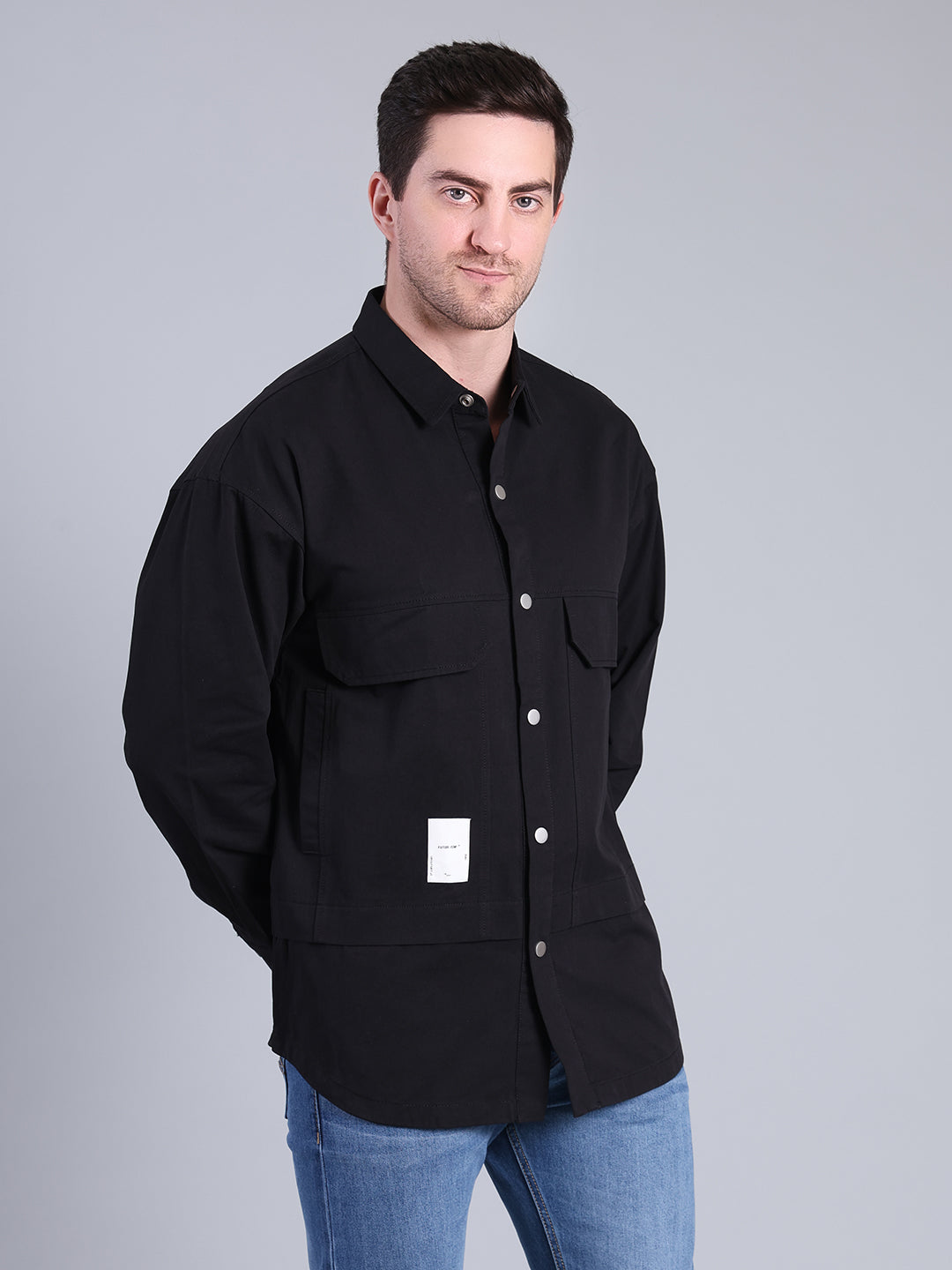 Stylox Men’s Solid Winter Shacket with Snap Buttons & Utility Pockets (Black) - Stylox