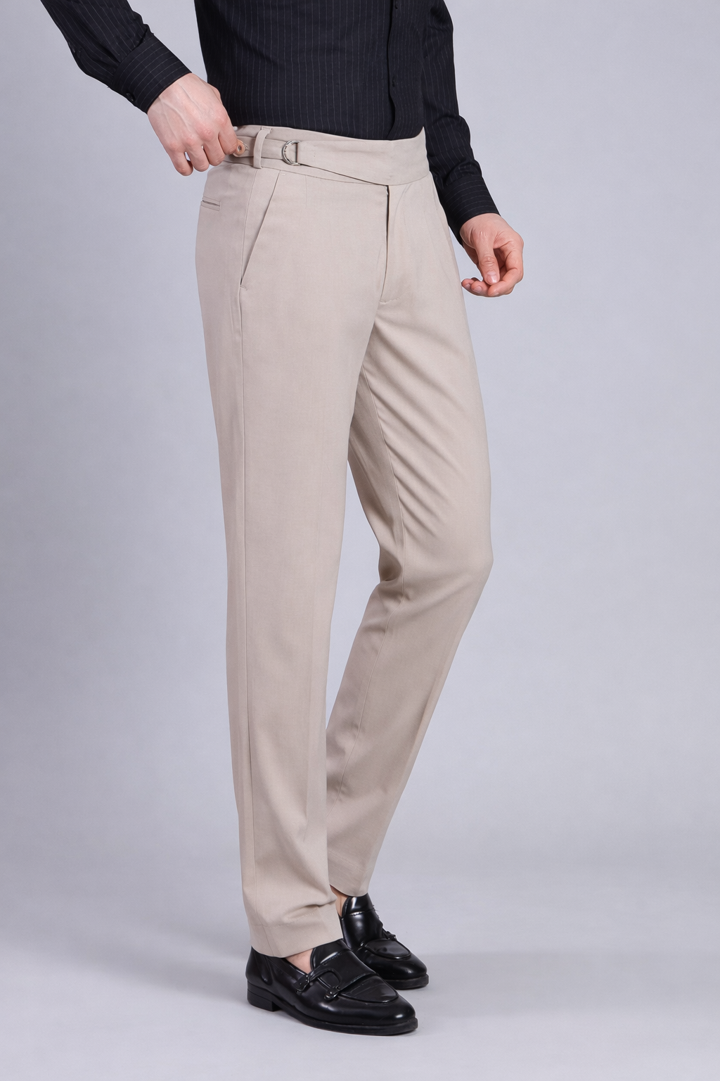 Stylox Men’s Gorkha High Waist Pleated Formal Trousers with Side Adjusters-Beige - Stylox