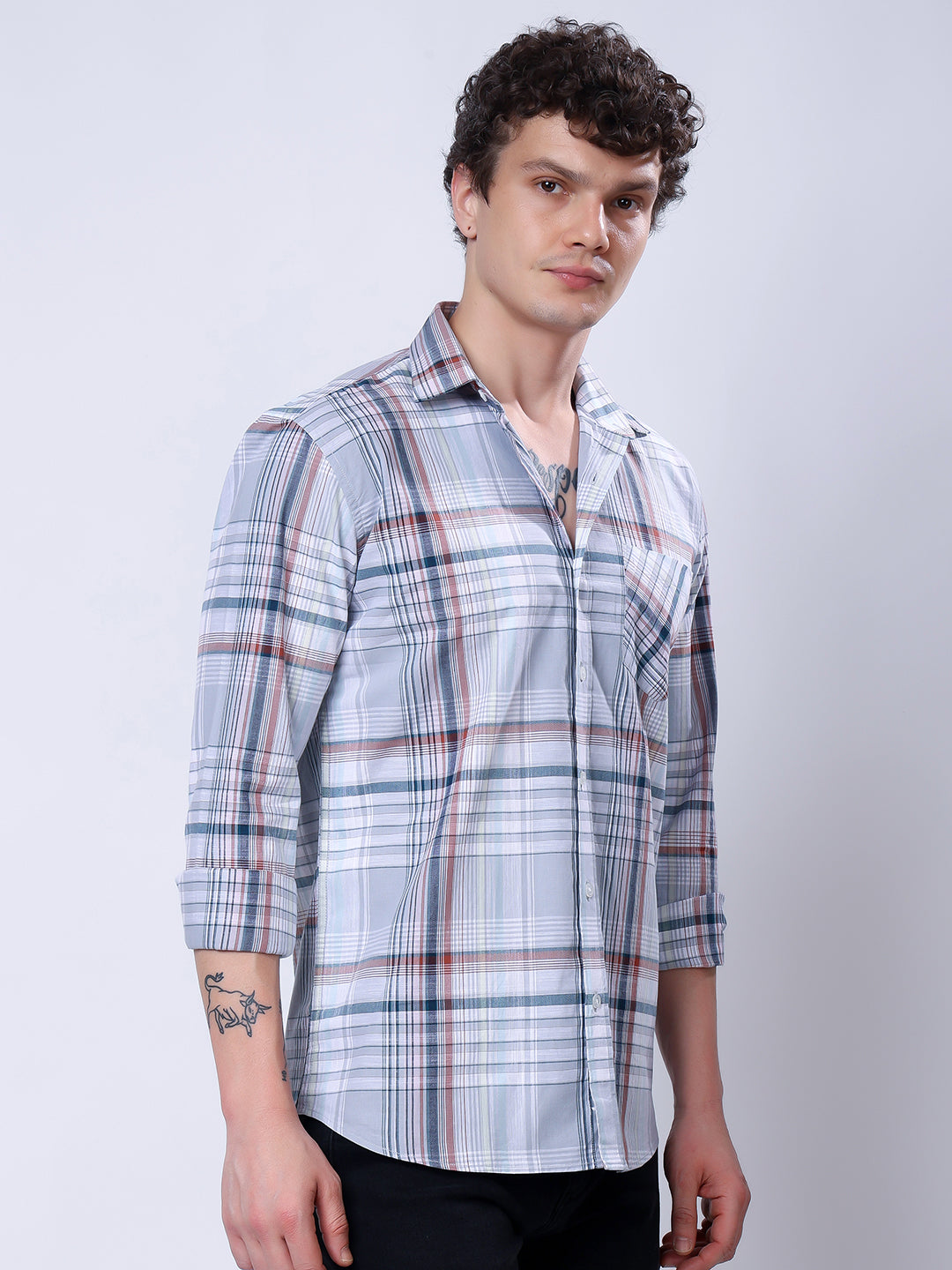 Stylox Men’s Regular Fit Full Sleeve Casual Check Shirt–Grey &amp; Brown - Stylox