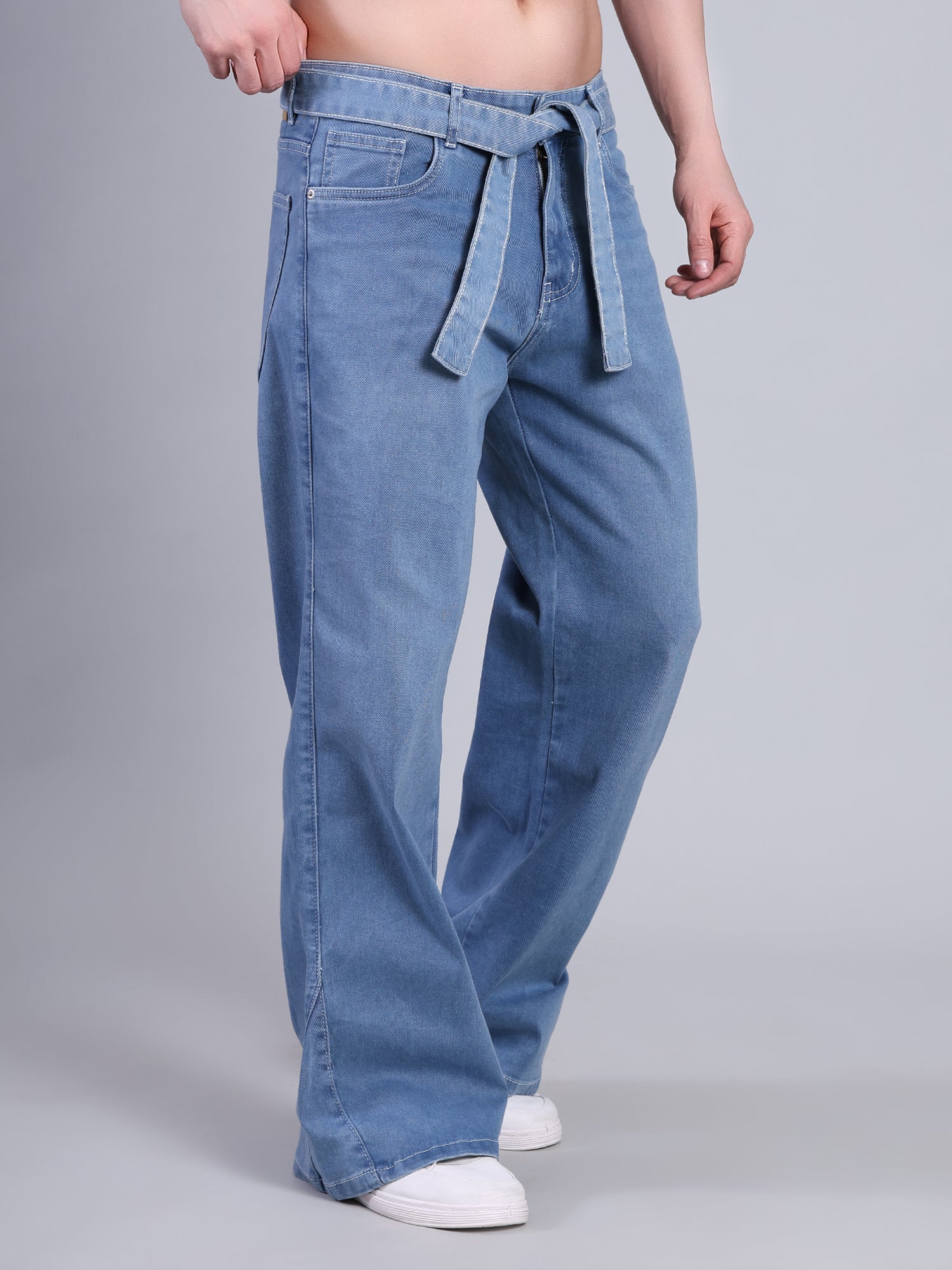 Stylox Men’s Baggy Fit Non-Stretch Rigid Denim Wide Leg Jeans with Tie Belt-Light Blue - Stylox
