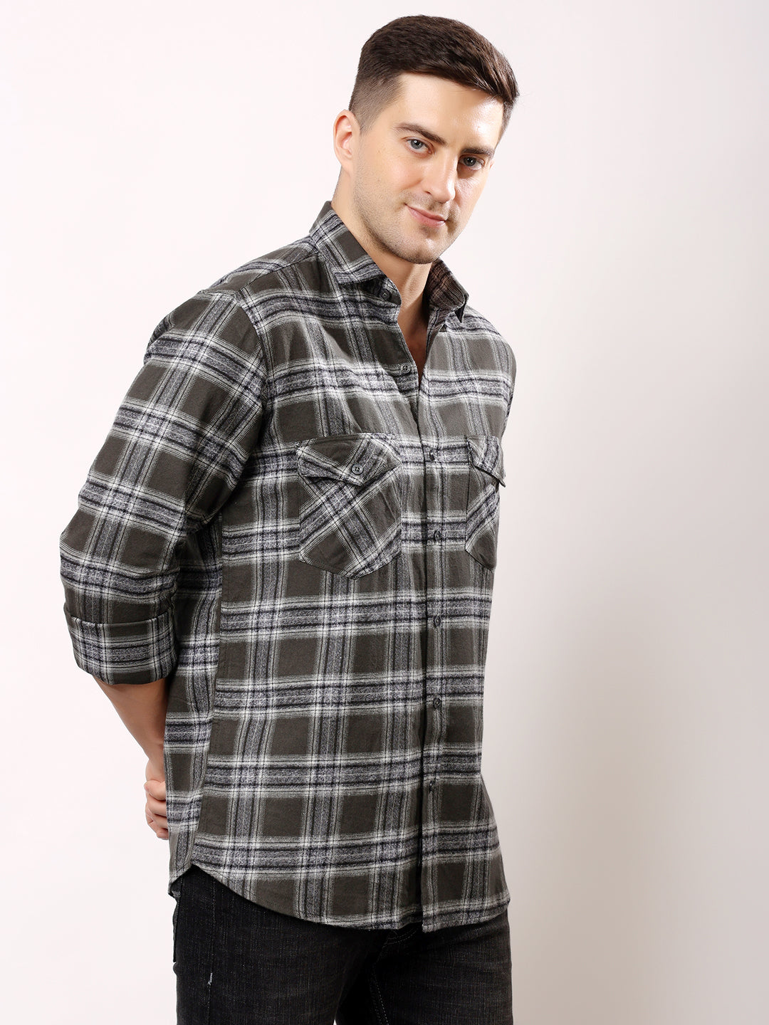Stylox Men’s Regular Fit Full Sleeve Check Shirt with Double Flap Pockets | Cotton Casual Checkered Shirt