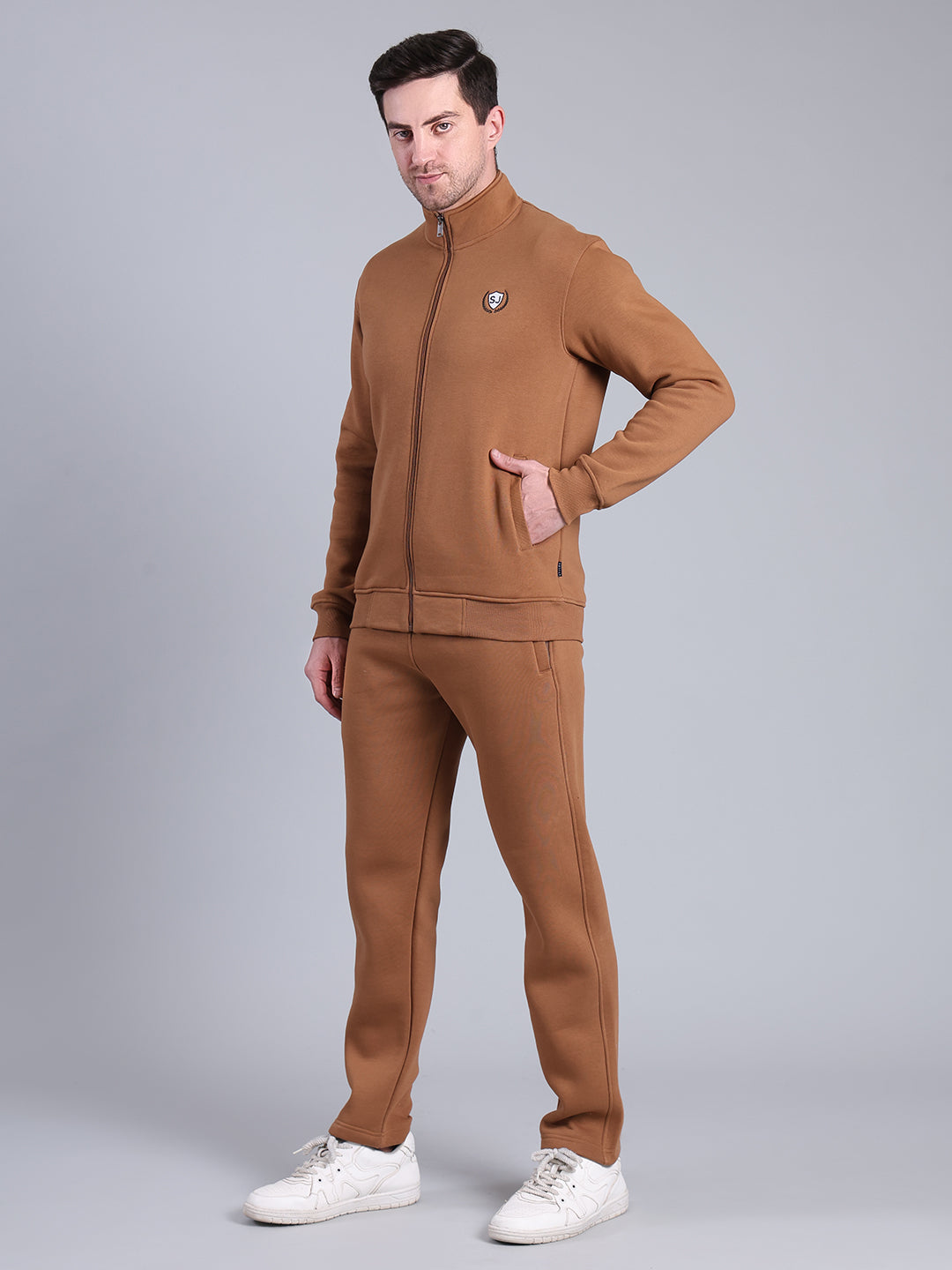 Stylox Men’s Solid Tracksuit Set with Zip-Up Jacket & Joggers – Winter Athleisure Wear (Brown) - Stylox