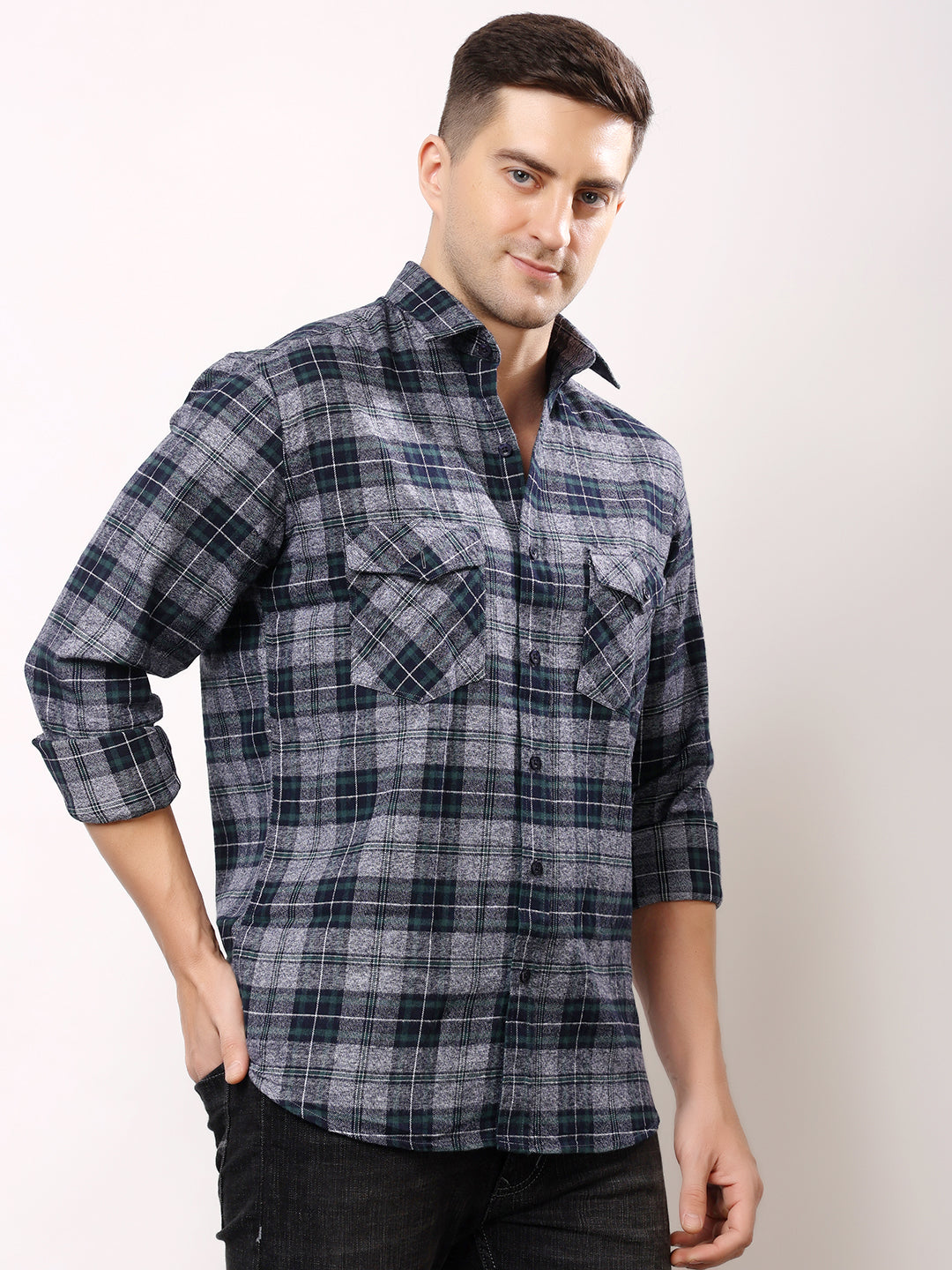Stylox Men’s Regular Fit Full Sleeve Check Shirt with Double Flap Pockets | Cotton Casual Checkered Shirt