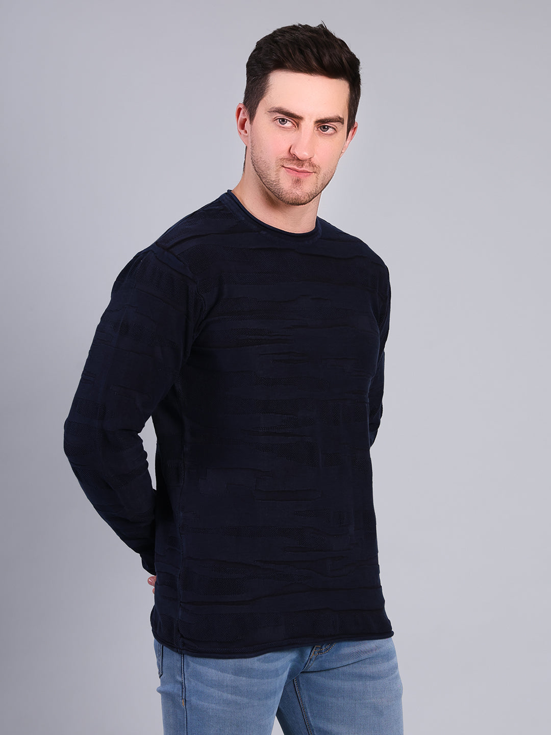 Stylox Men’s Textured Winter Sweater | Full Sleeve Crew Neck Knit Pullover | Premium Casual Wear (Navy) - Stylox
