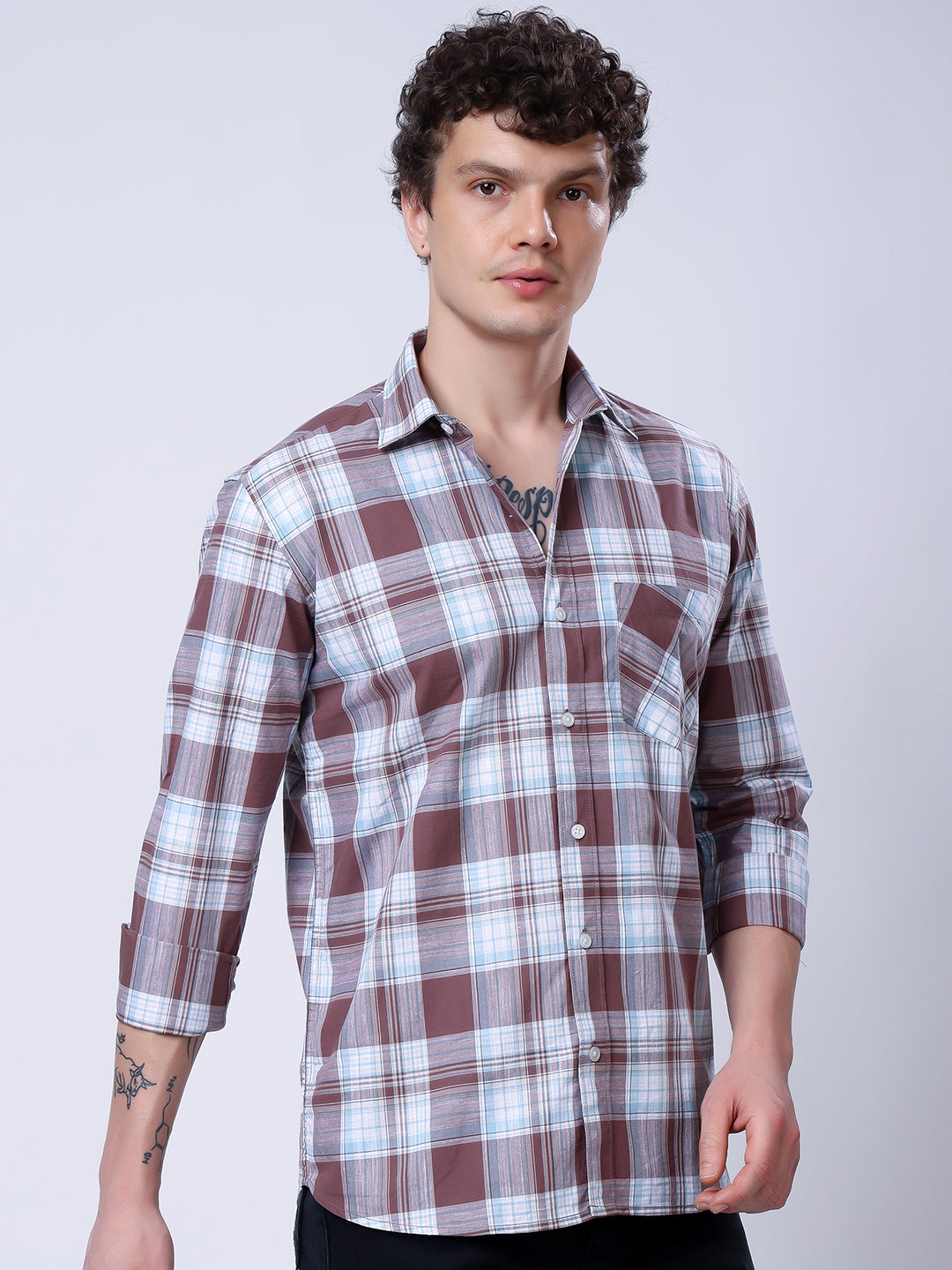 Stylox Men’s Regular Fit Full Sleeve Casual Check Shirt–Brown & Sky Blue - Stylox