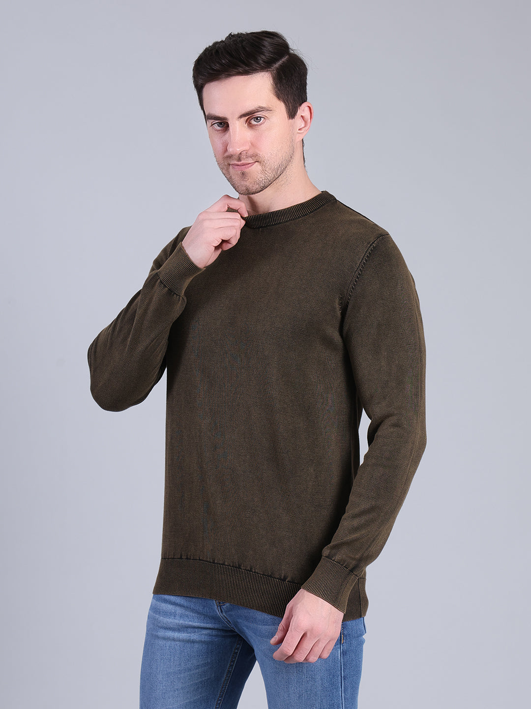 Stylox Men’s Full Sleeve Round Neck Sweater | Solid Slim Fit Knitted Winter Pullover (Olive) - Stylox