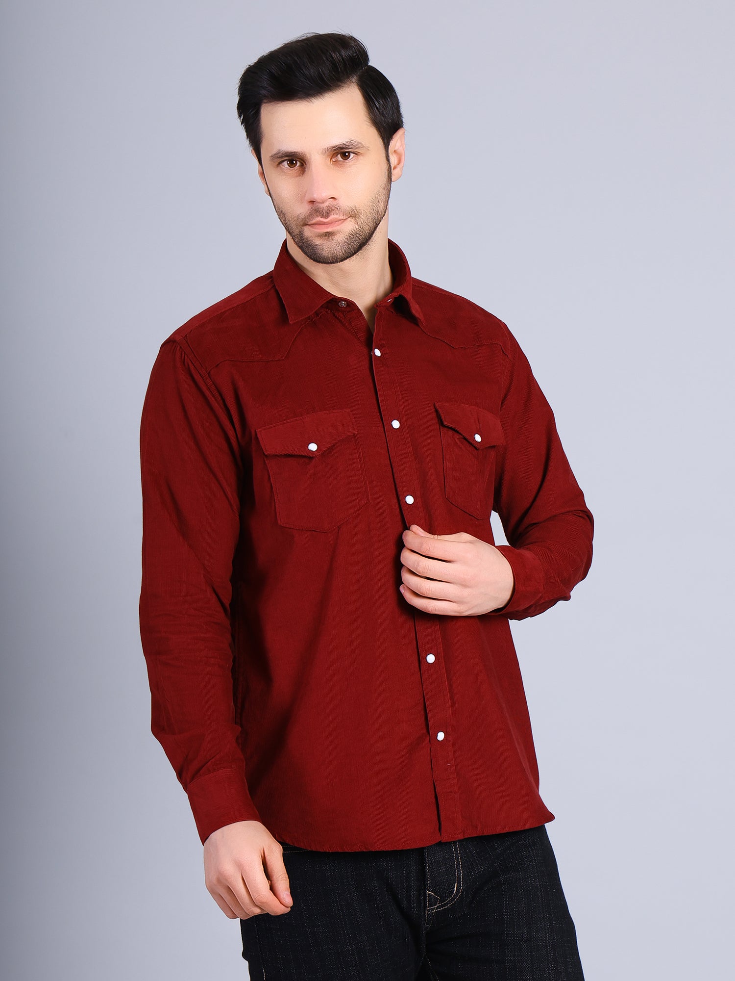 Stylox Men’s Regular Fit Full Sleeve Solid Casual Corduroy Shirt with Double Chest Pocket (Maroon) - Stylox