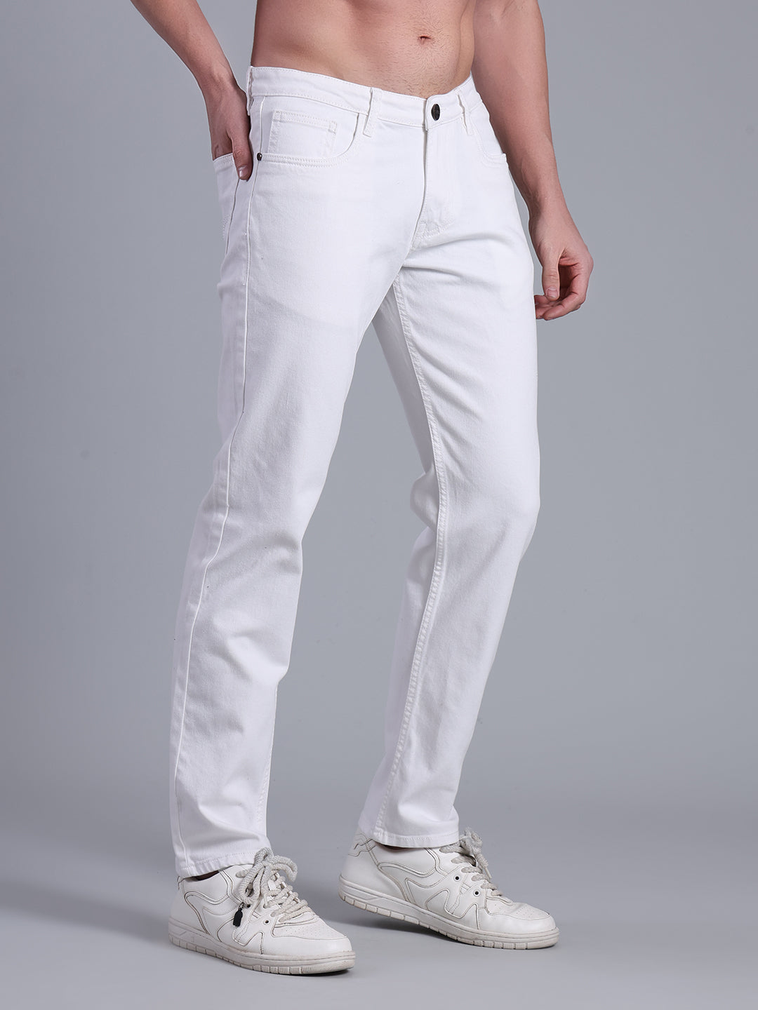 Stylox Men’s Slim Fit Mid Rise Solid Denim Jeans (White) - Stylox