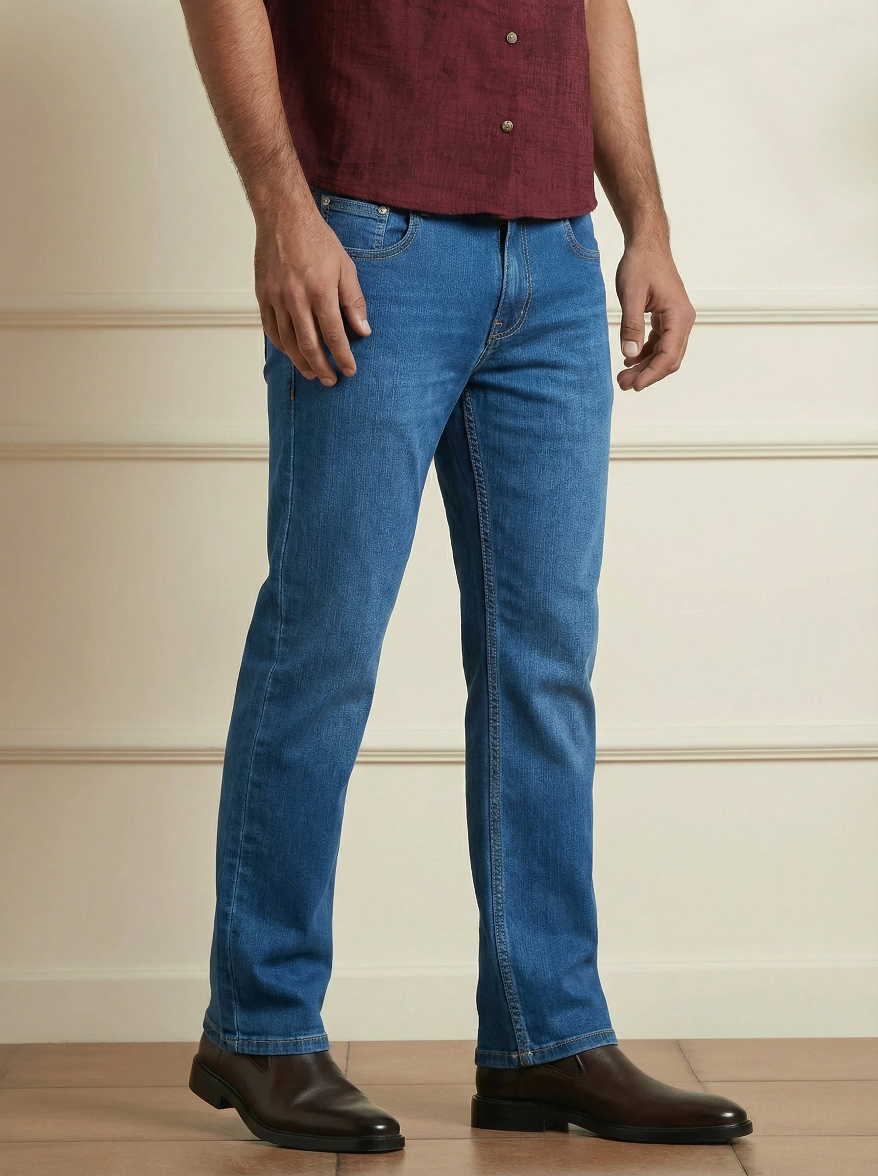 Stylox Men’s Mid Blue Straight Fit Jeans Mid-Rise Denim - Stylox