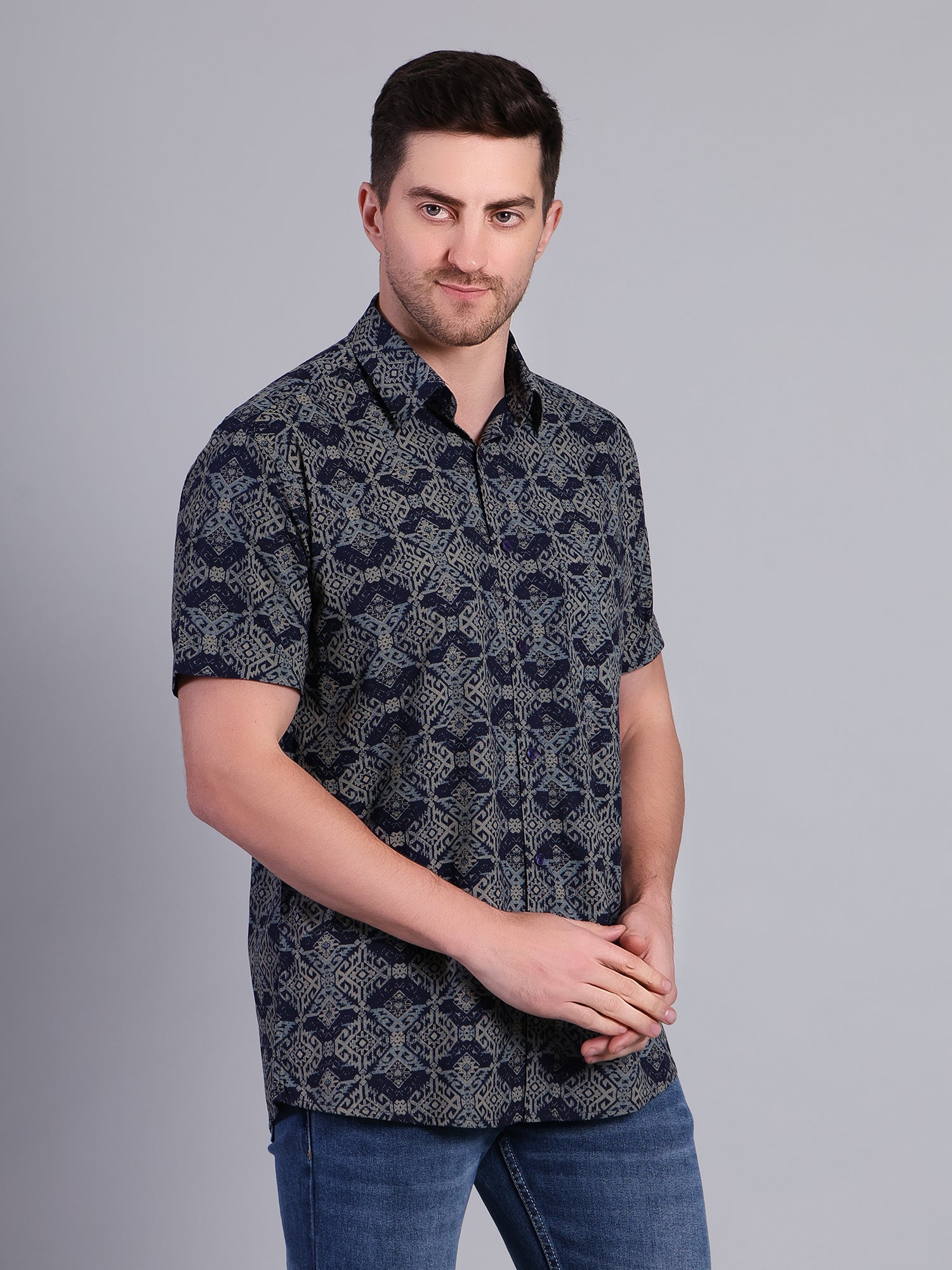Stylox Men’s Regular Fit Geometric Printed Half Sleeve Casual Shirt-Blue - Stylox