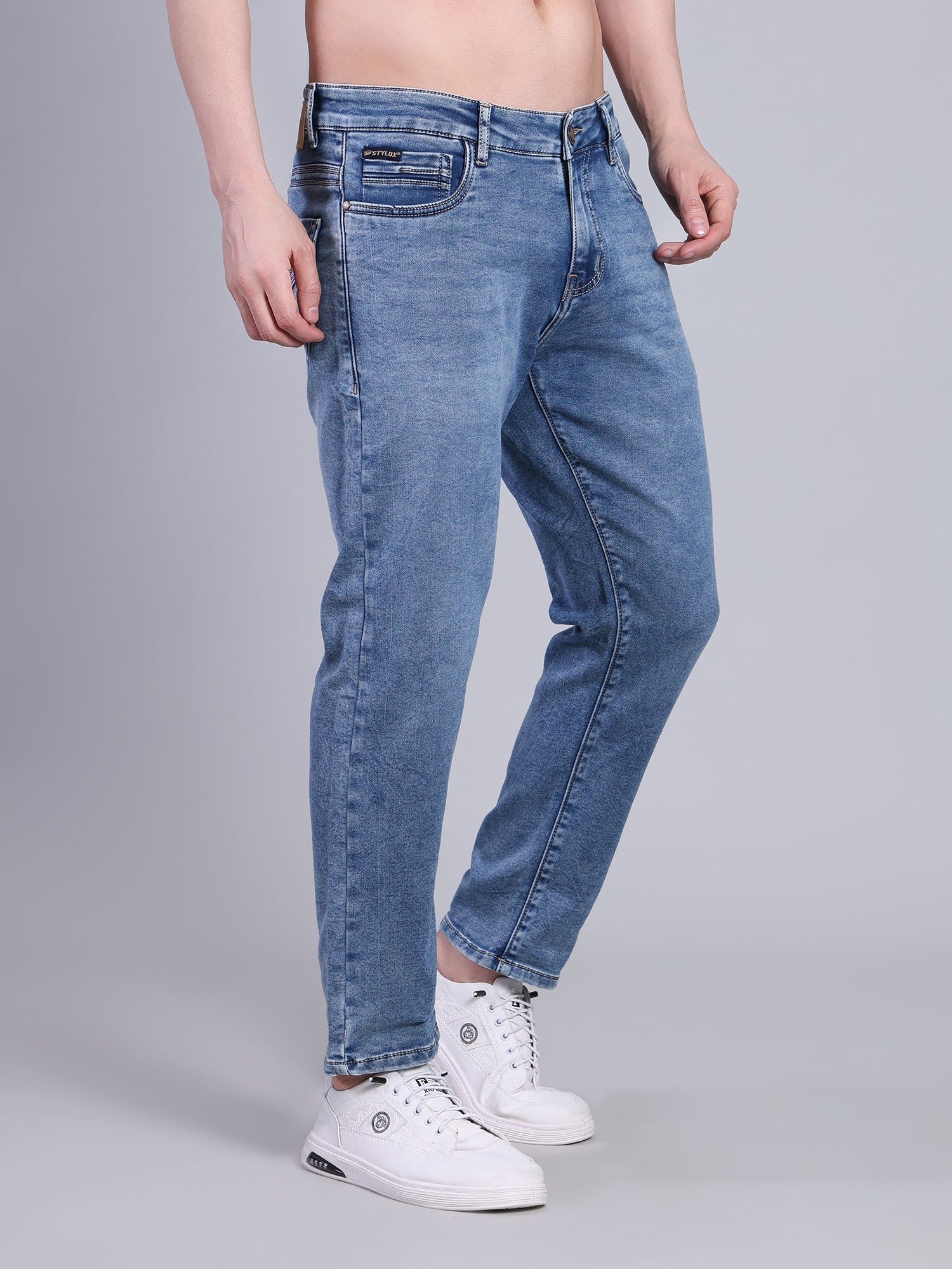 Stylox Men’s Ankle Fit Mid Rise Stretchable Denim Jeans-Light Blue - Stylox