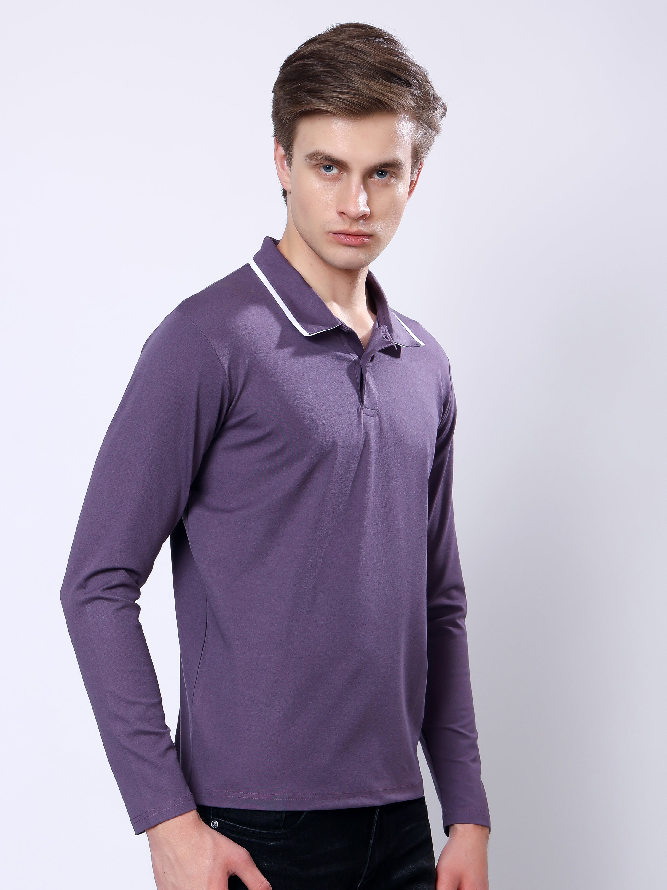 Stylox Men’s Regular Fit Solid Full Sleeve Polo T-Shirt with Contrast Collar - Stylox