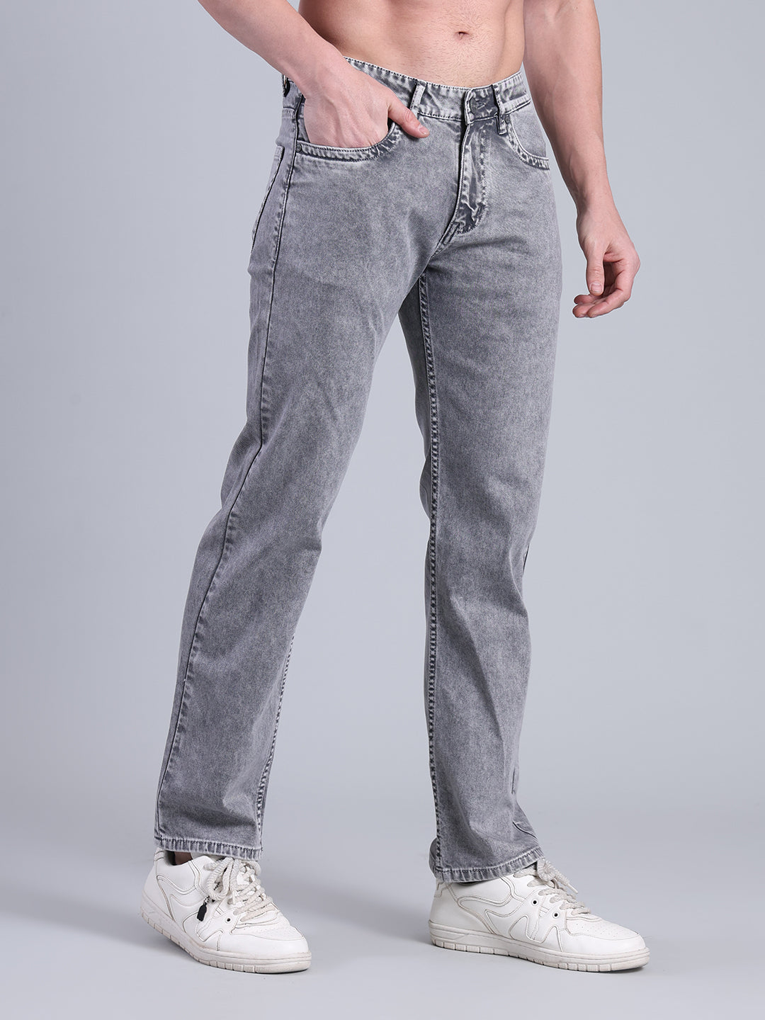 Stylox Men’s Comfort Fit Mid Rise Washed Denim Jeans (Light Grey) - Stylox