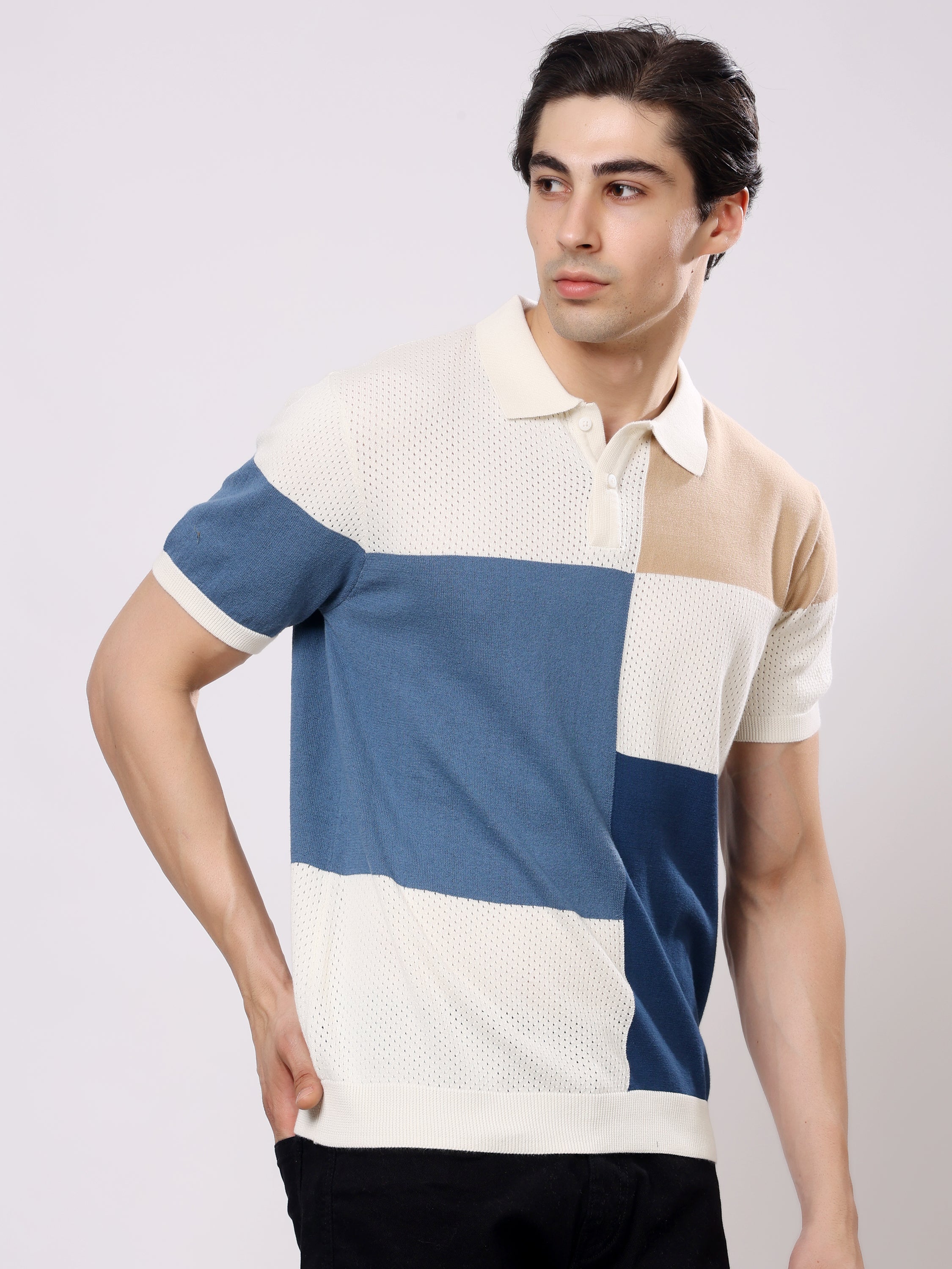 Stylox Men's Regular Fit Half Sleeve Color Block Knitted Polo T-Shirt