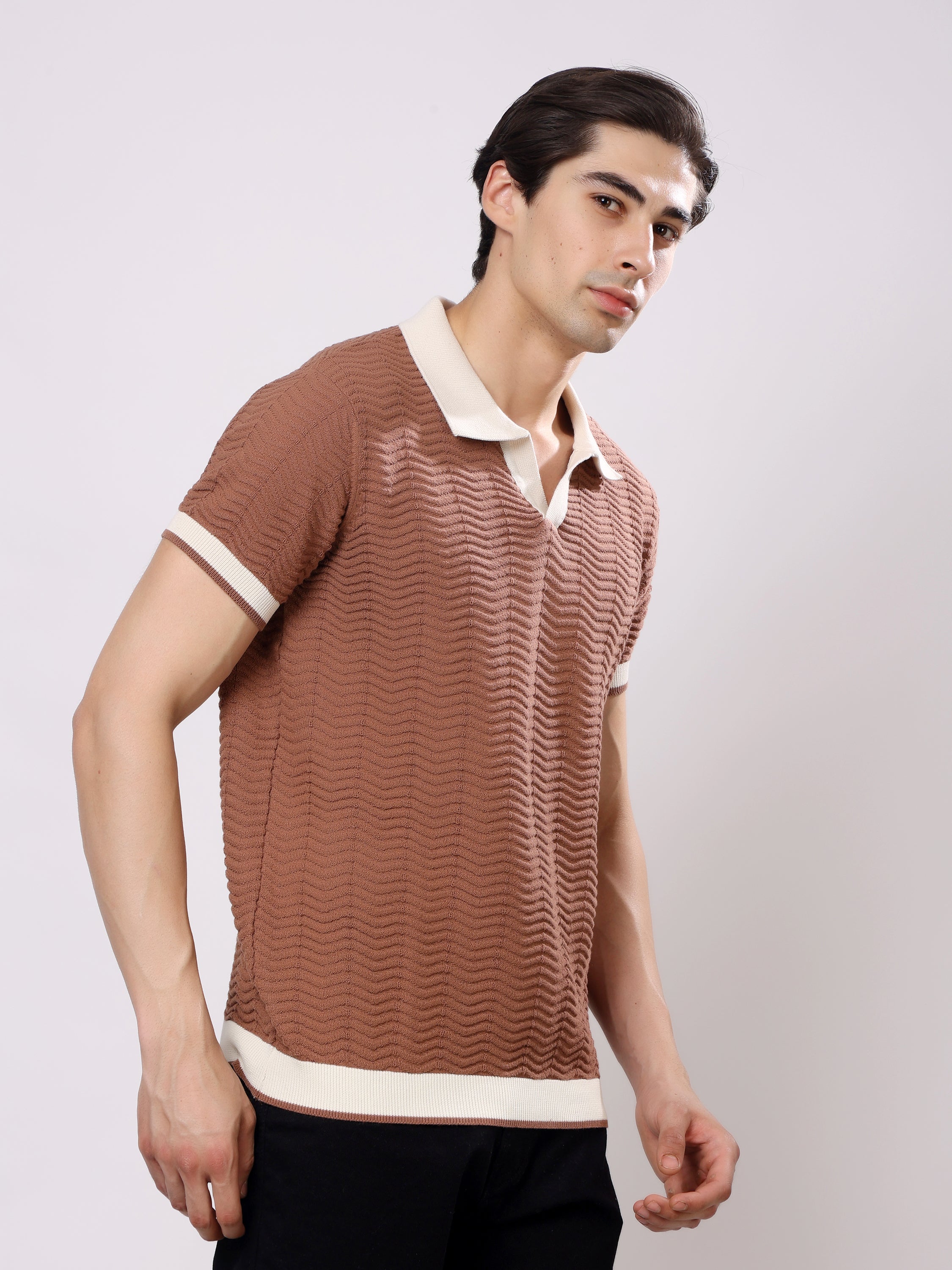 Stylox Men's Regular Fit Half Sleeve Textured Knitted Contrast Collar Polo Tee