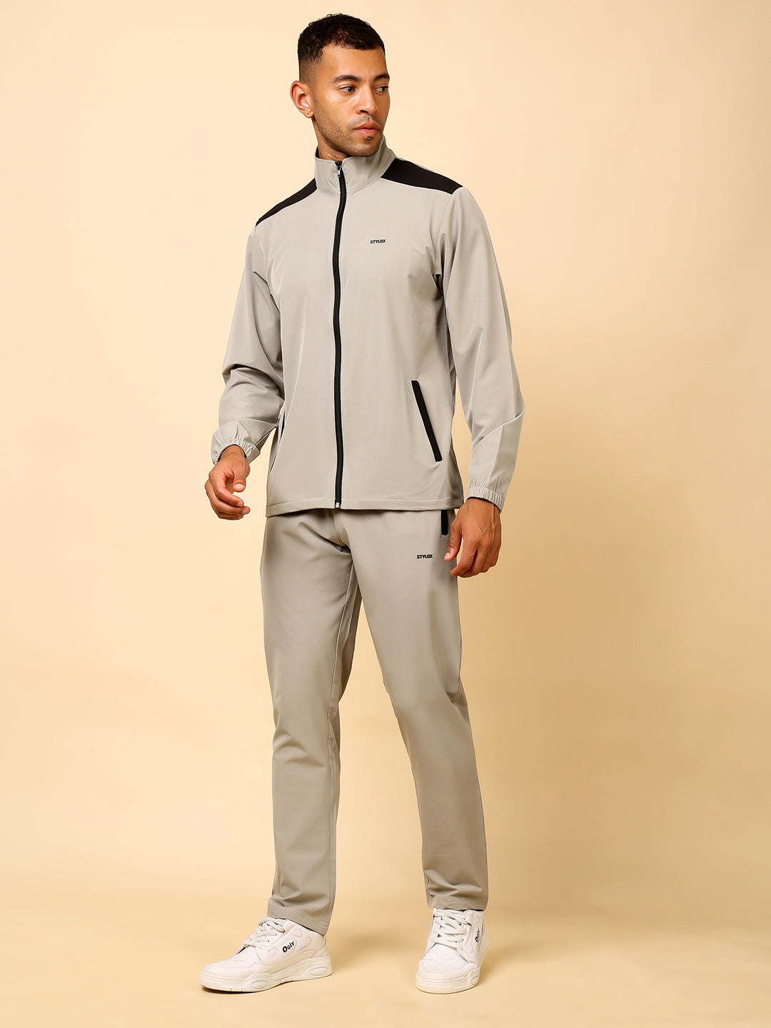 Stylox Men’s Solid Tracksuit | Full Zip High Neck Jacket & Jogger Pants Set (Light Grey) - Stylox