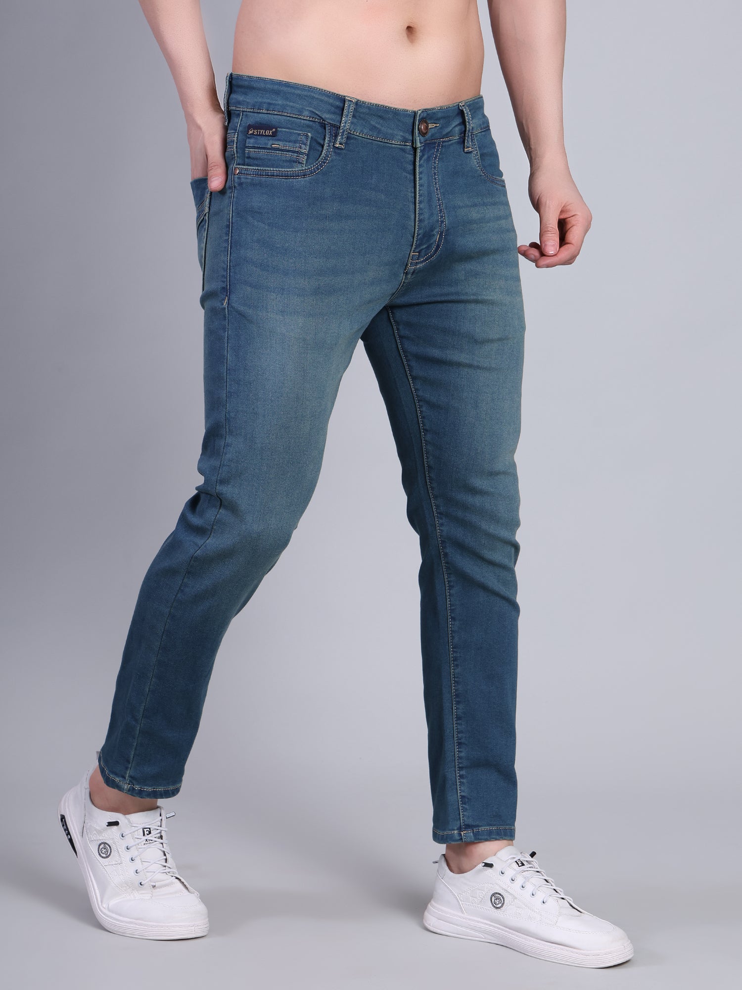 Stylox Men’s Ankle Fit Mid Rise Stretchable Denim Jeans-Greenish Blue - Stylox
