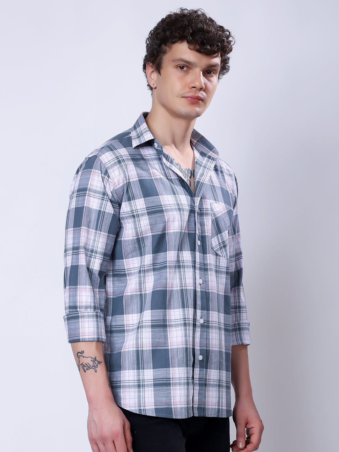 Stylox Men’s Regular Fit Full Sleeve Casual Check Shirt–Grey & Coral - Stylox