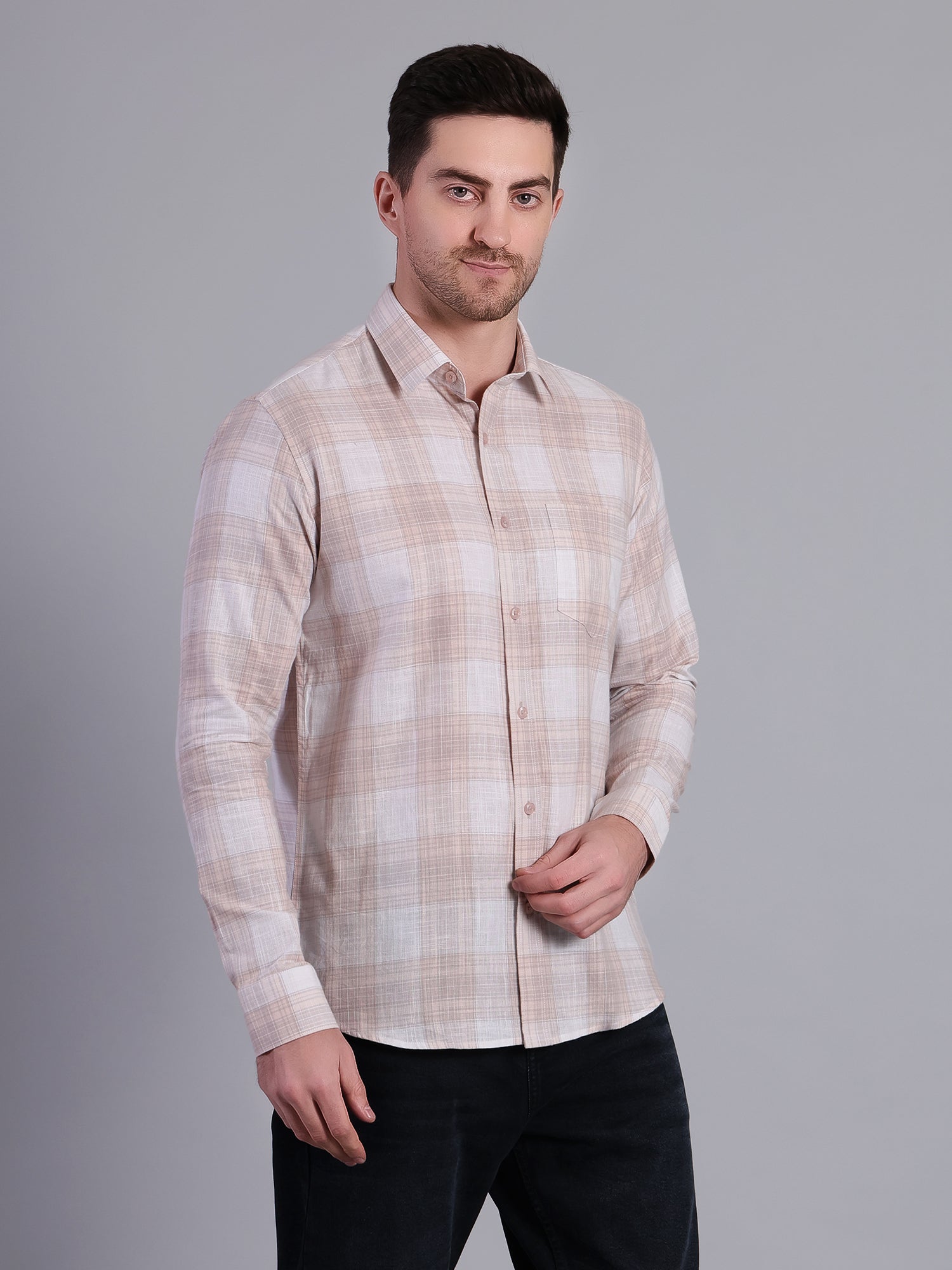 Stylox Men’s Regular Fit Checked Full Sleeve Casual Shirt-Peach - Stylox