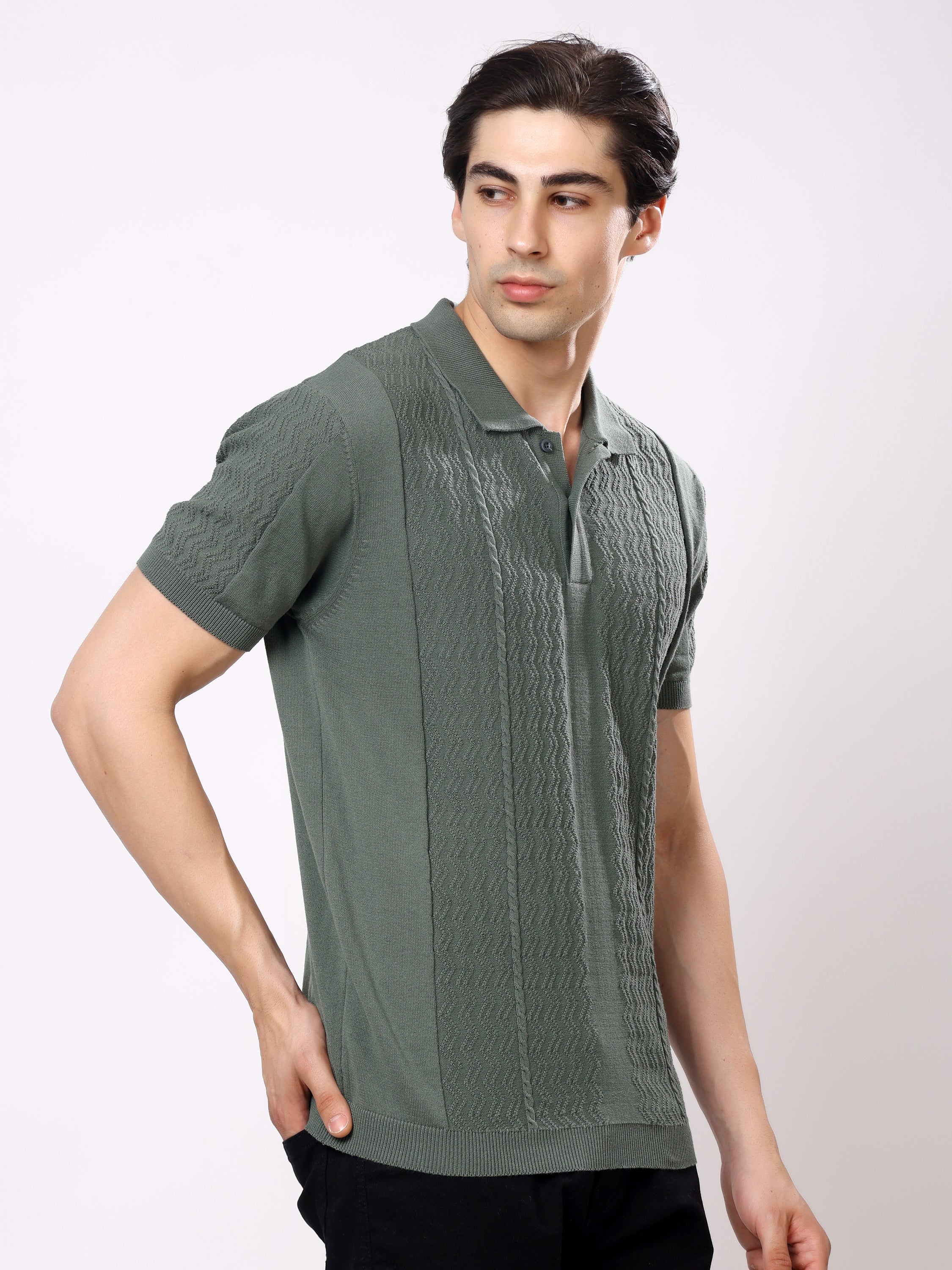 Stylox Men's Regular Fit Half Sleeve Textured Knitted Polo T-Shirt