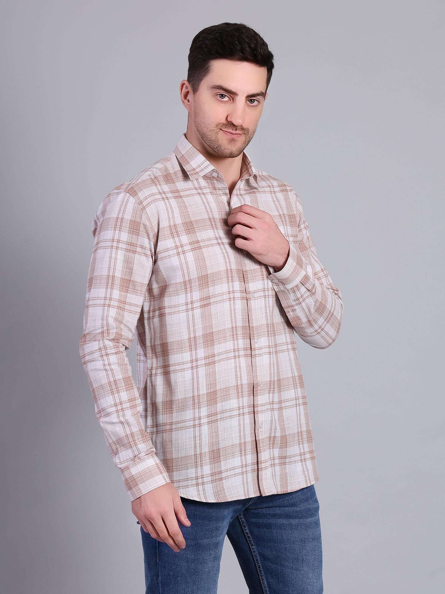 Stylox Men’s Regular Fit Checked Full Sleeve Casual Shirt-Brown - Stylox