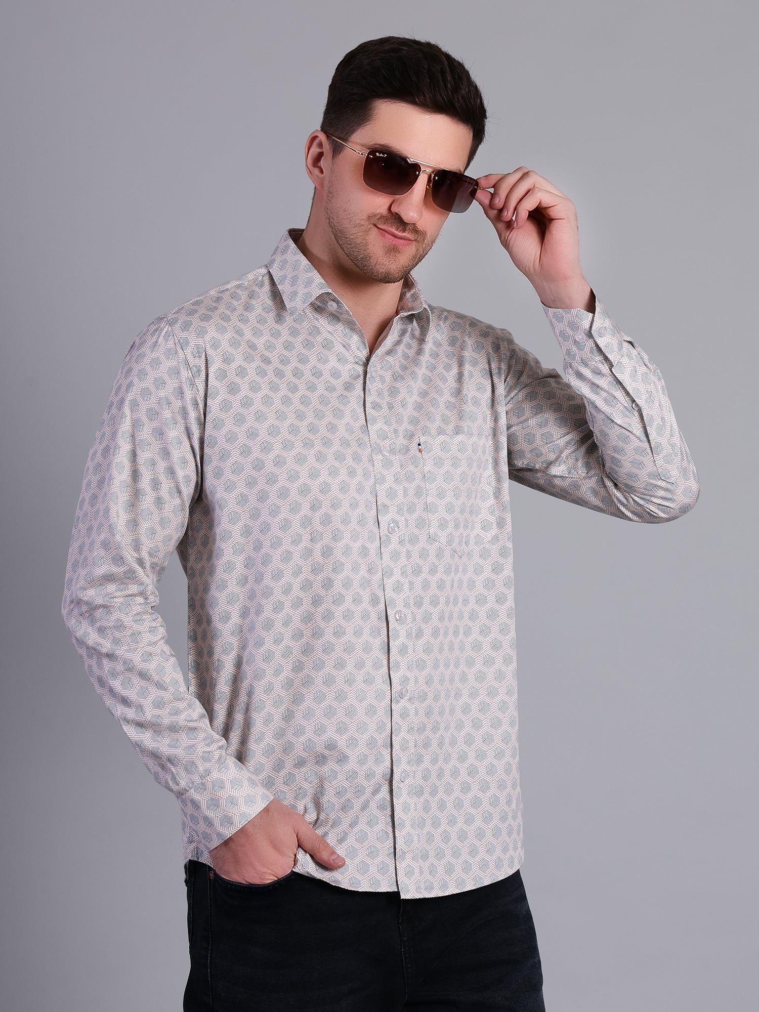 Stylox Men’s Printed Casual Shirt | Slim Fit Full Sleeve Shirt for Men-Cream - Stylox