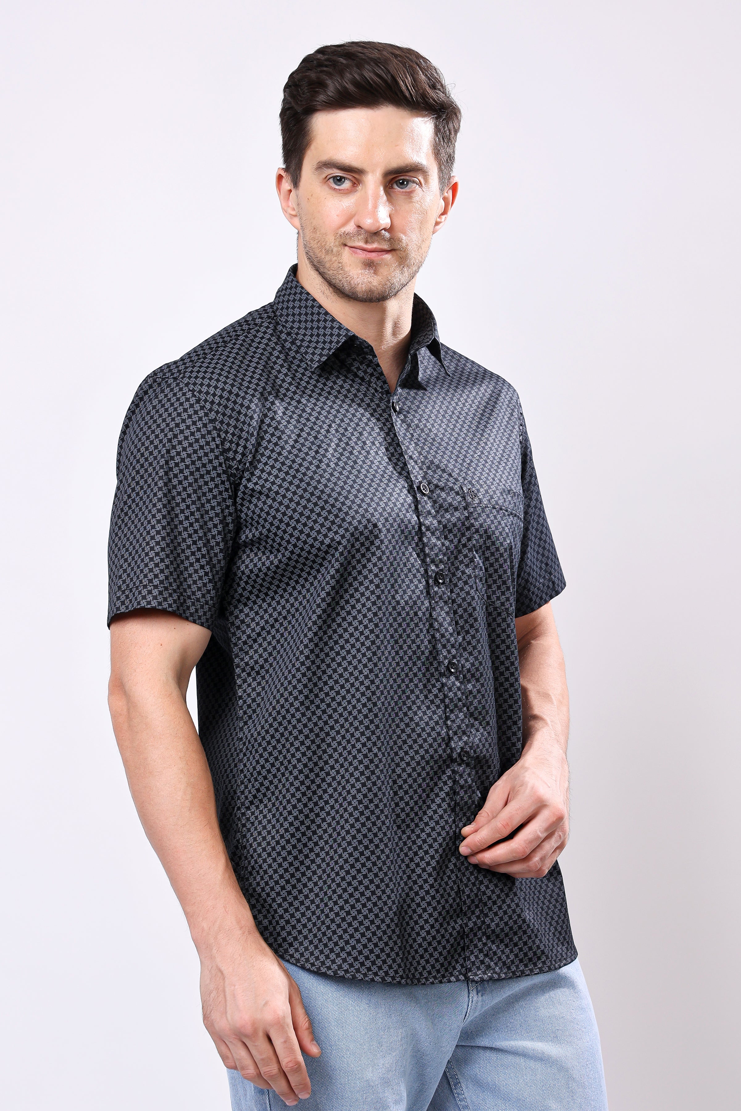 Stylox Men's Half Sleeve Geometric Print Casual Shirt – Premium Cotton Blend Regular Fit Summer Shirt - Stylox