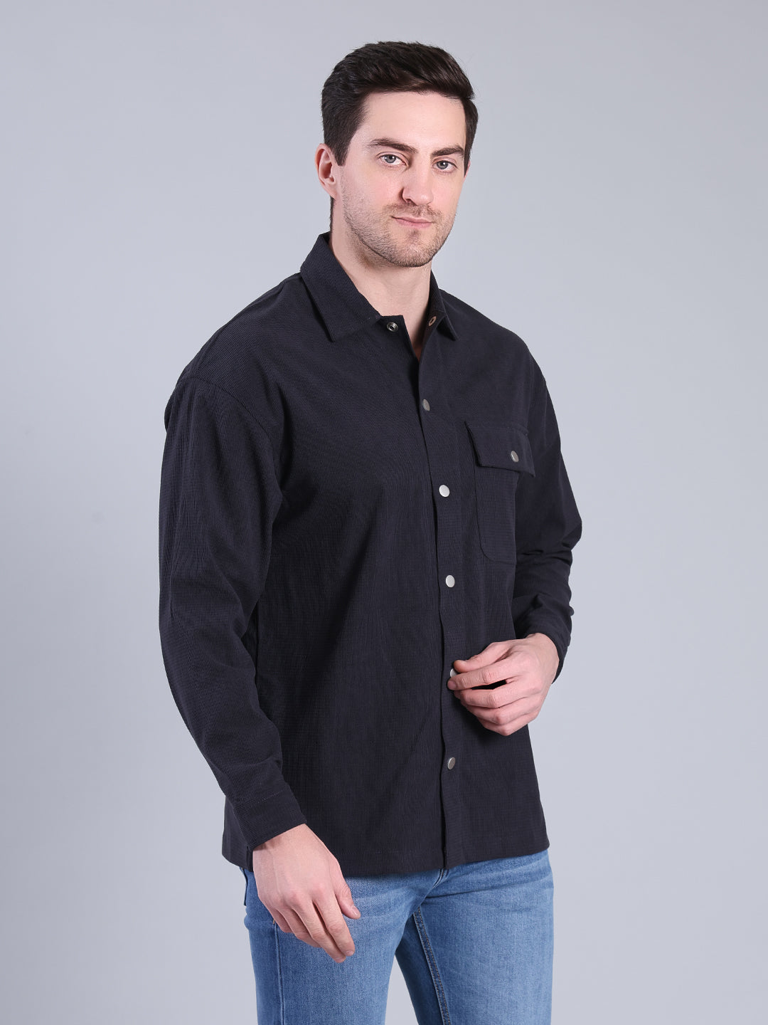 Stylox Men’s Textured Winter Shacket with Snap Button Closure (Navy)