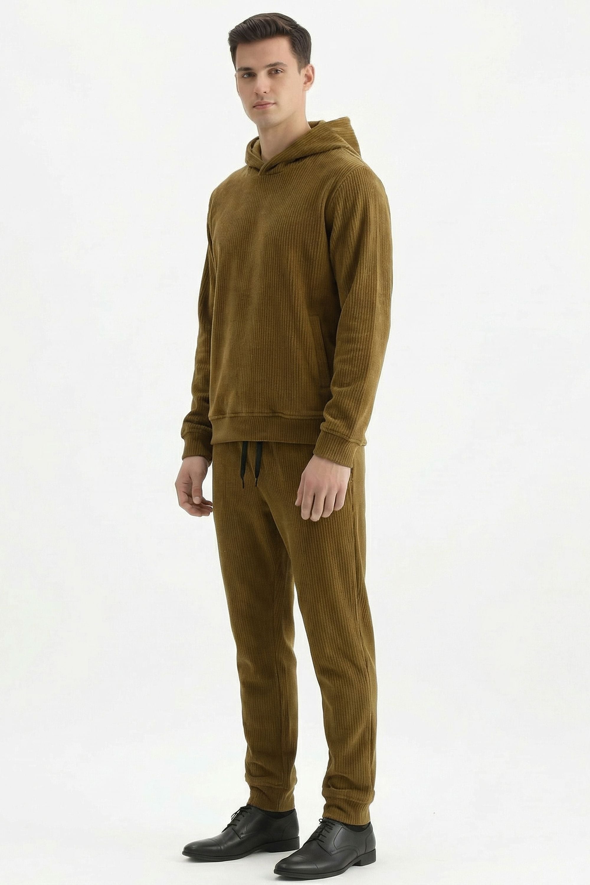 Stylox Men’s Regular Fit Ribbed Tracksuit Set (Hooded Sweatshirt + Jogger Pants) (Dark Beige) - Stylox
