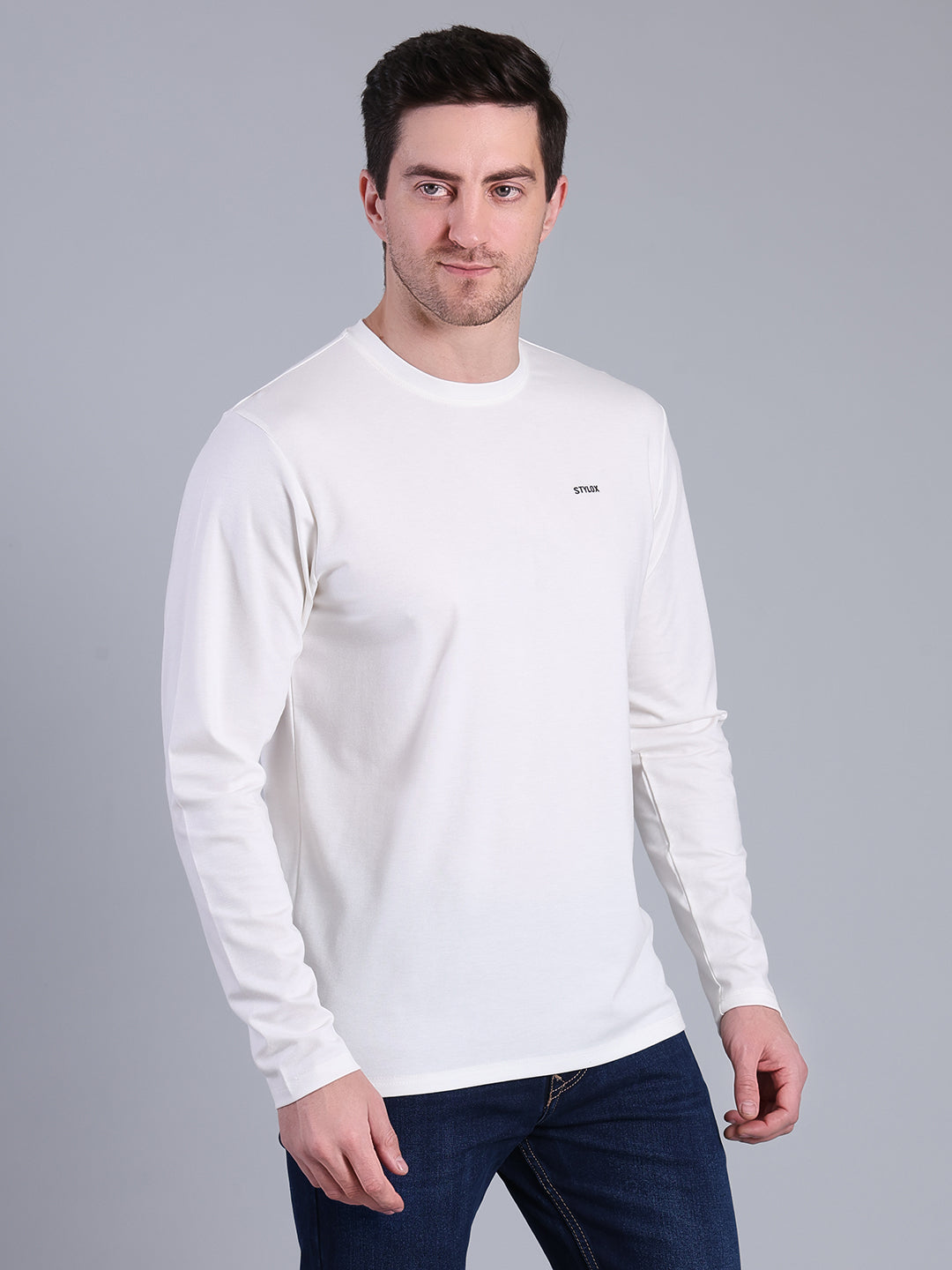 Stylox Men’s Full Sleeve Round Neck T-Shirt | Solid Slim Fit Cotton Blend Casual Tee