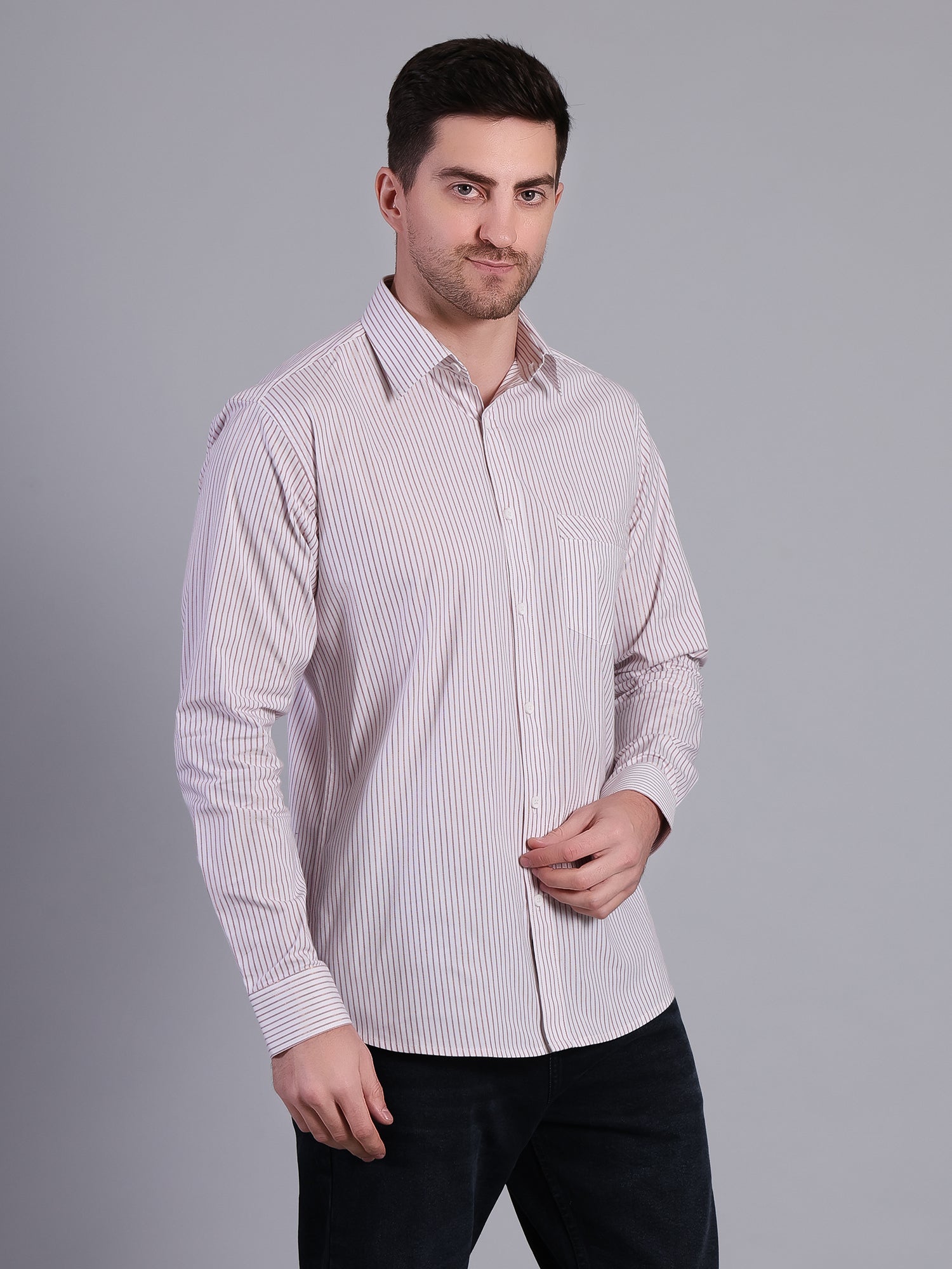 Stylox Men’s Regular Fit Vertical Striped Full Sleeve Casual Shirt-Red - Stylox