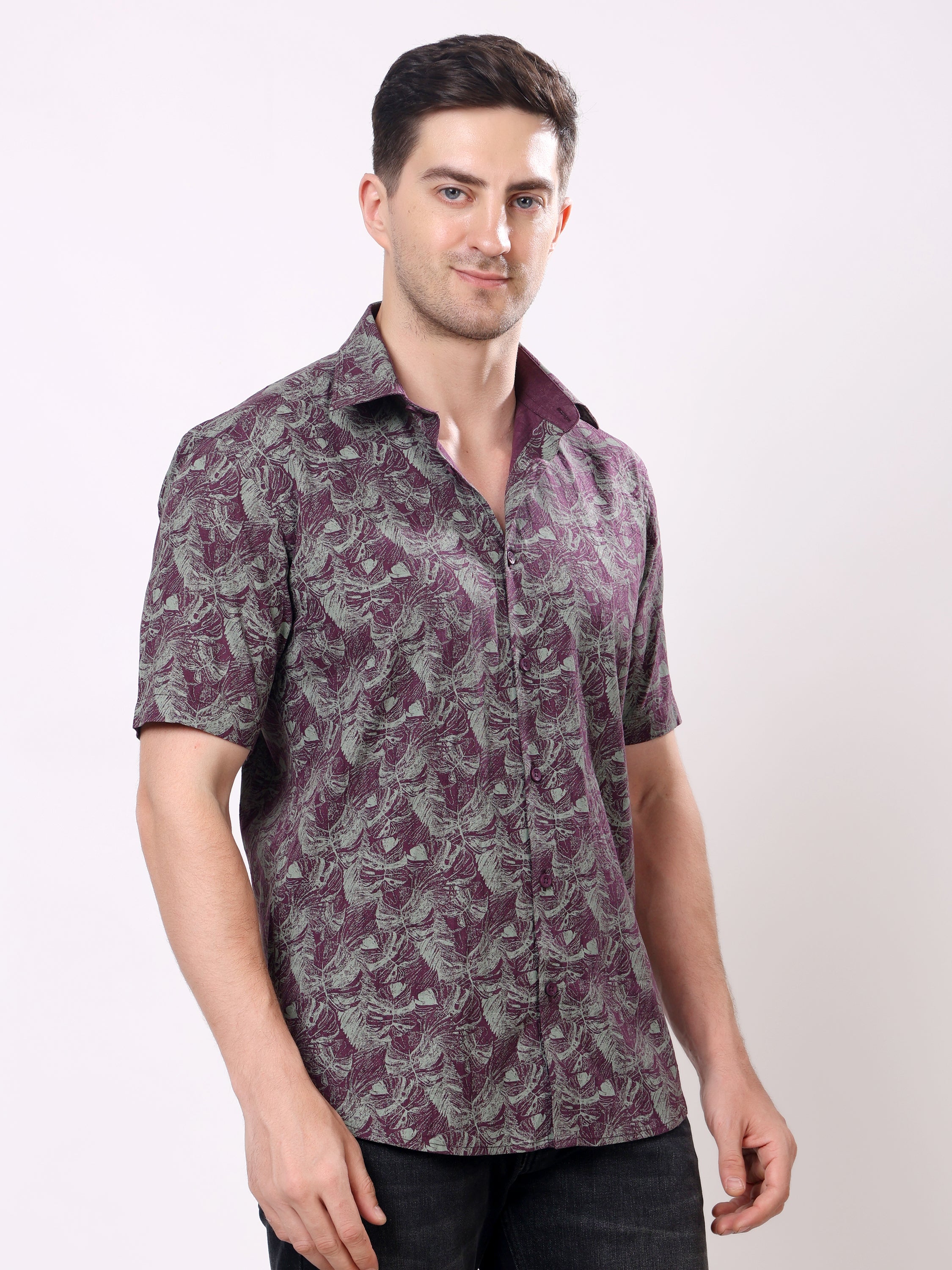 Stylox Men’s Regular Fit Half Sleeve Tropical Leaf Printed Casual Summer Shirt - Stylox