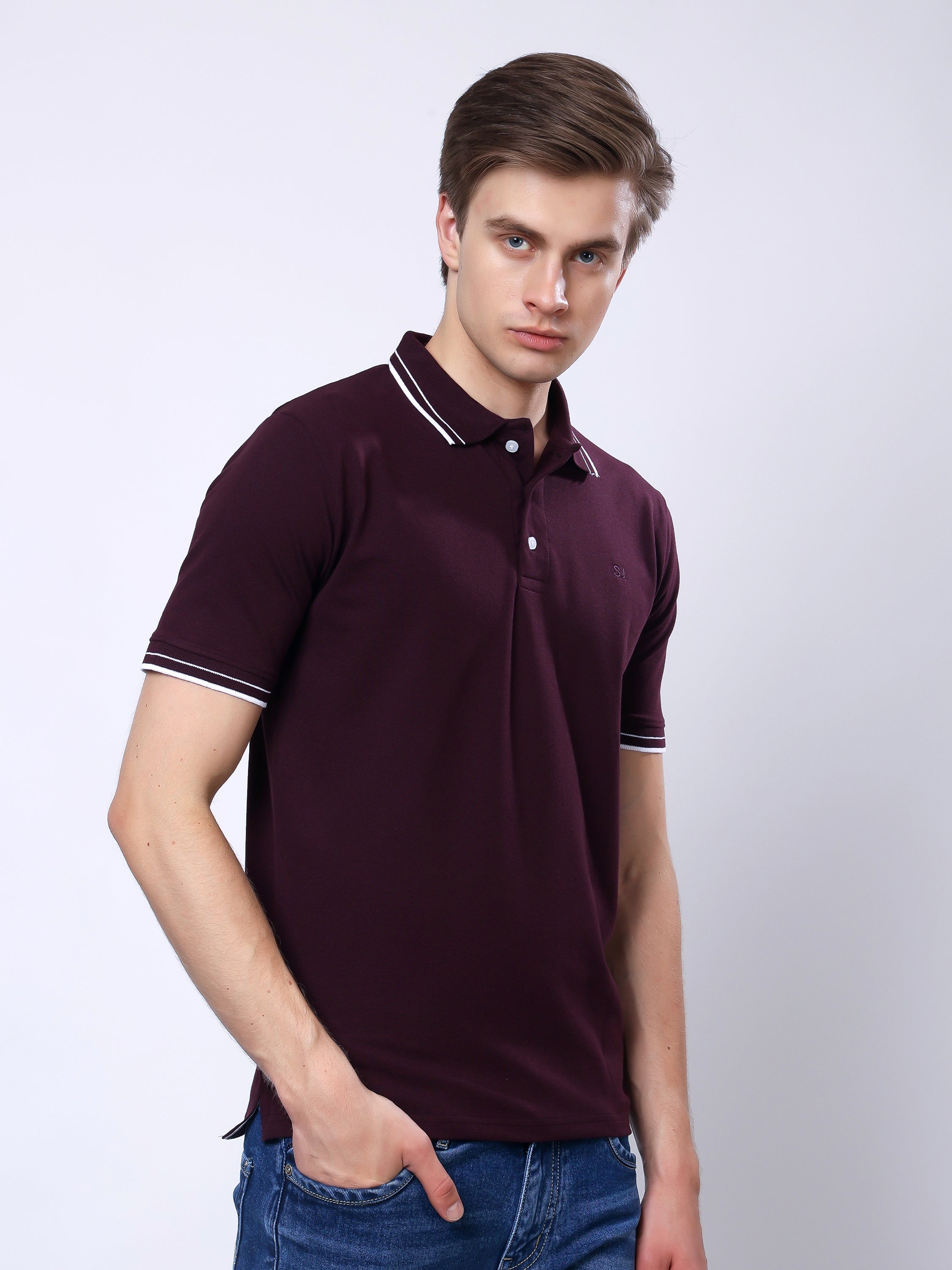 Stylox Men’s Solid Polo T-Shirt with Contrast-Tipped Collar - Stylox
